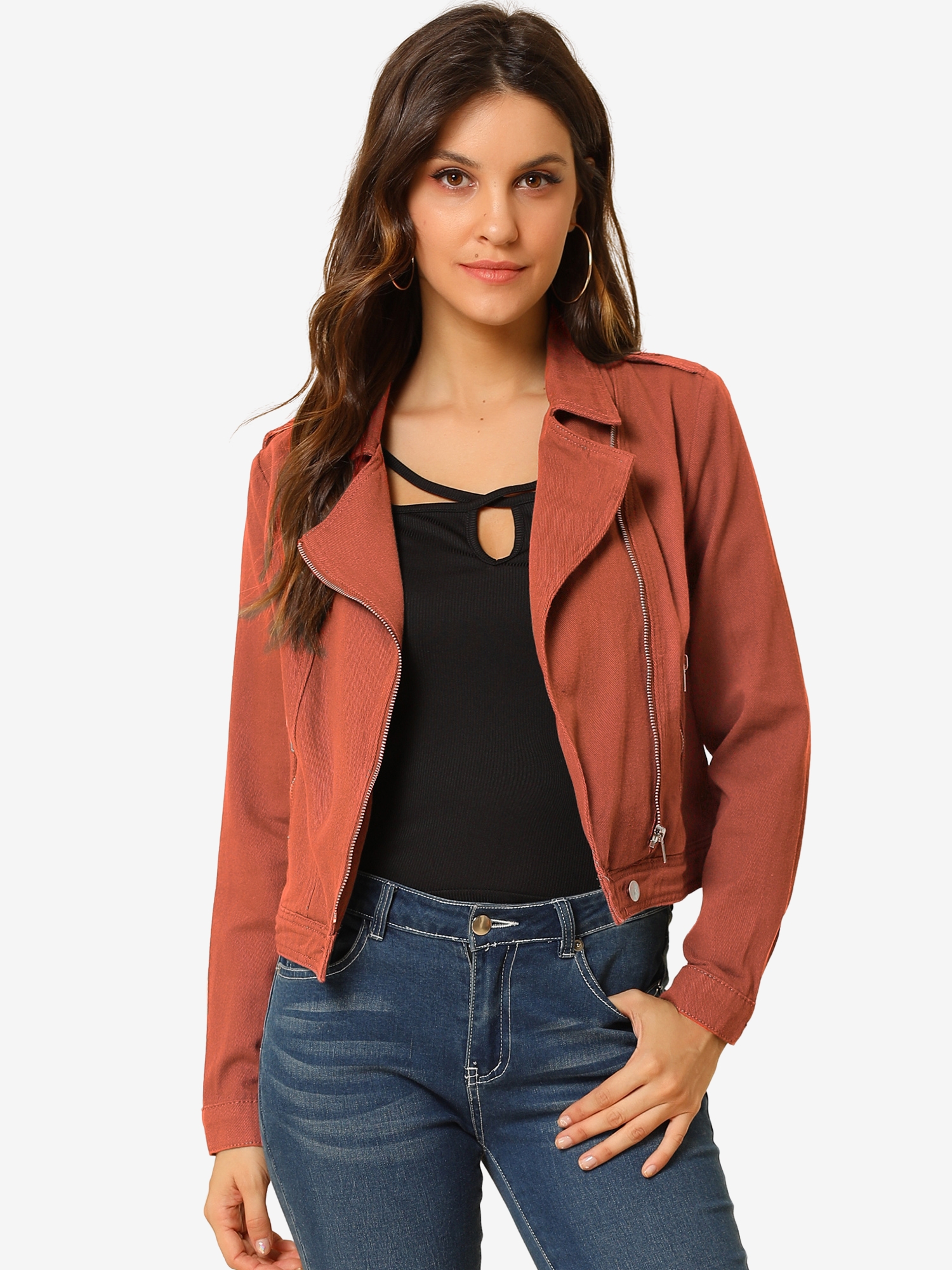 Biker Notched Lapel Asymmetric Zip Moto Denim Jackets Brick Red/M