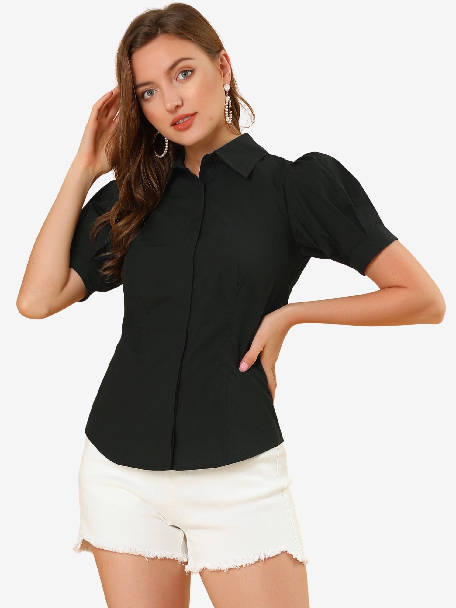 Puff Sleeve Collared Cotton Work Office Button Down Shirt Black/XL