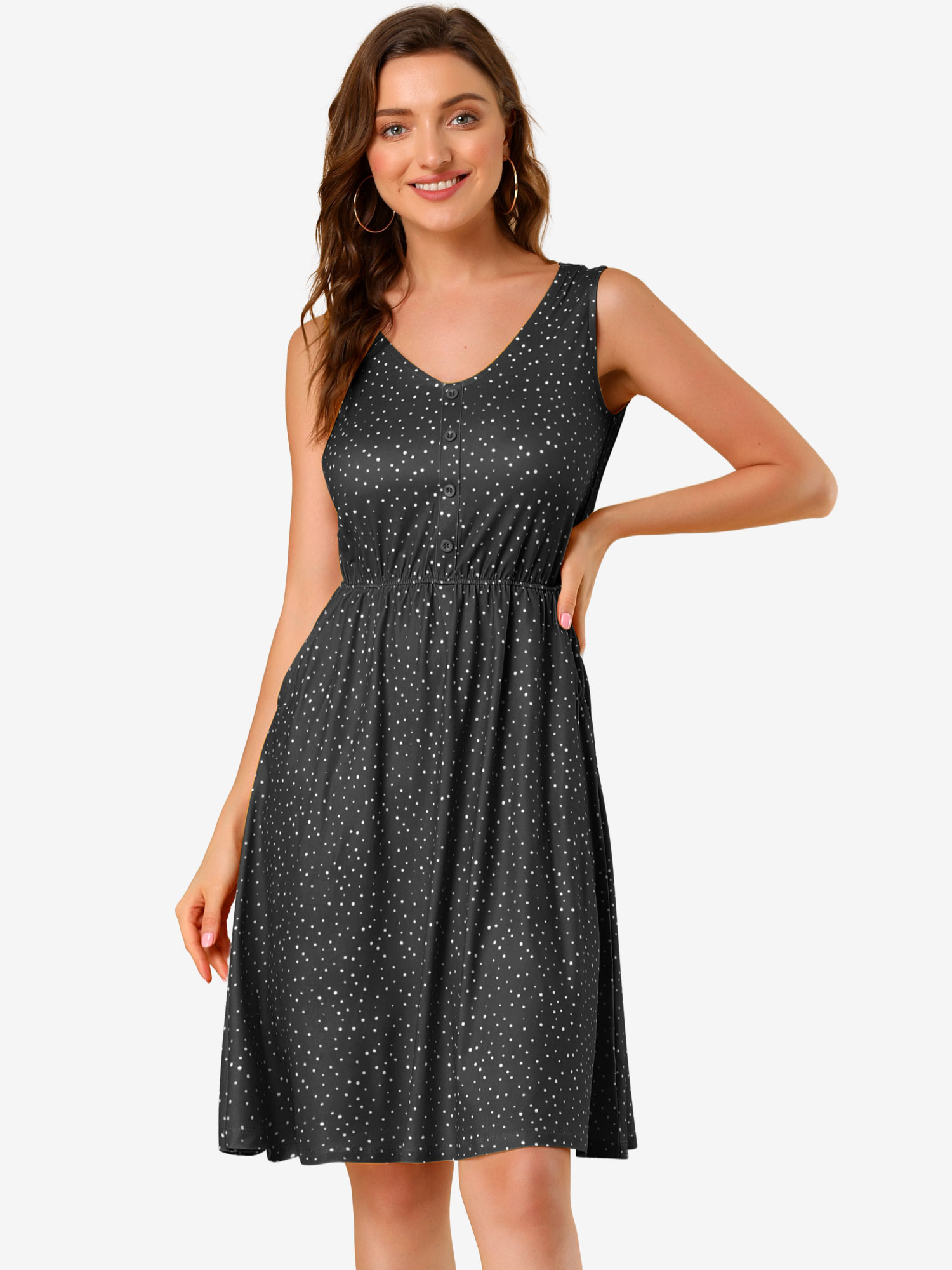 Polka Dots Sleeveless Dress Elastic Waist Midi Sundress with Pockets Black/M