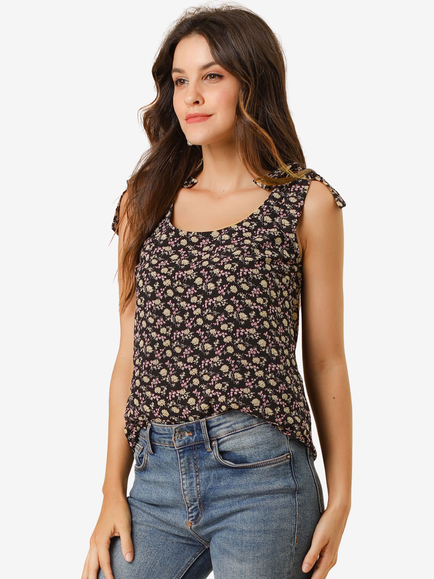 Boho Floral Print Casual Chiffon Tie Shoulders Tank Top Black/S