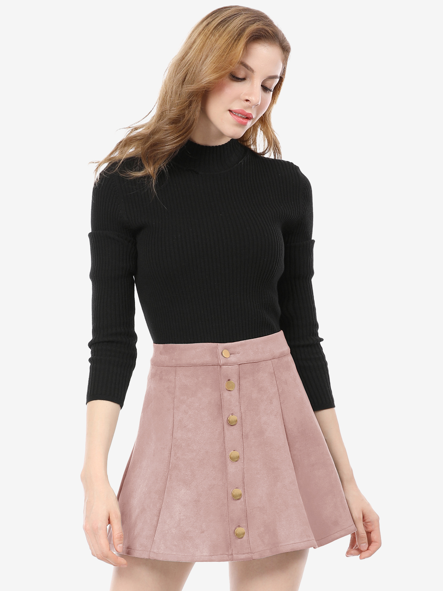 Faux Suede Button Closure A-Line High Waisted Short Skirt Pink/L
