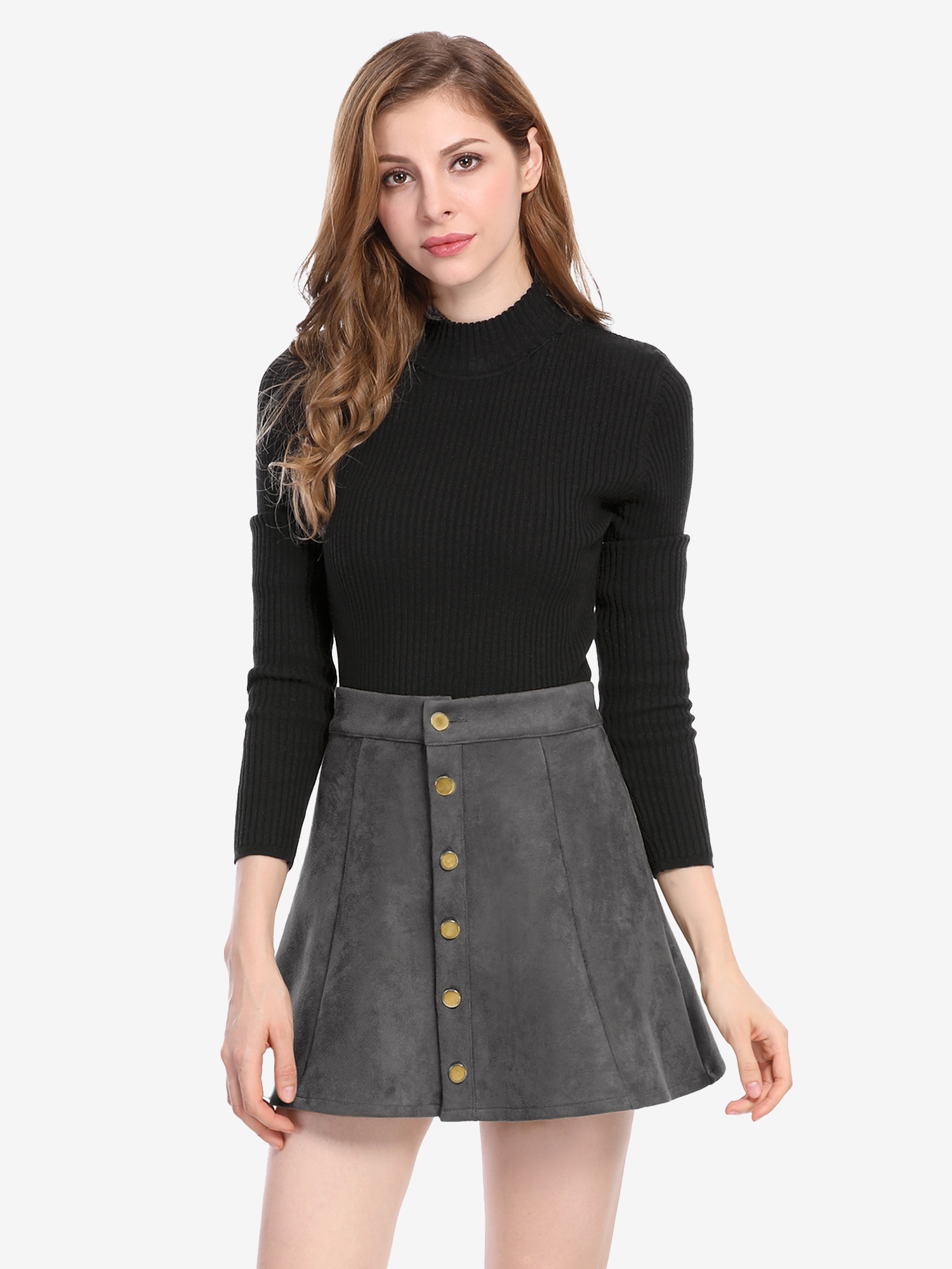 Faux Suede Button Closure A-Line High Waisted Short Skirt Dark Gray/L