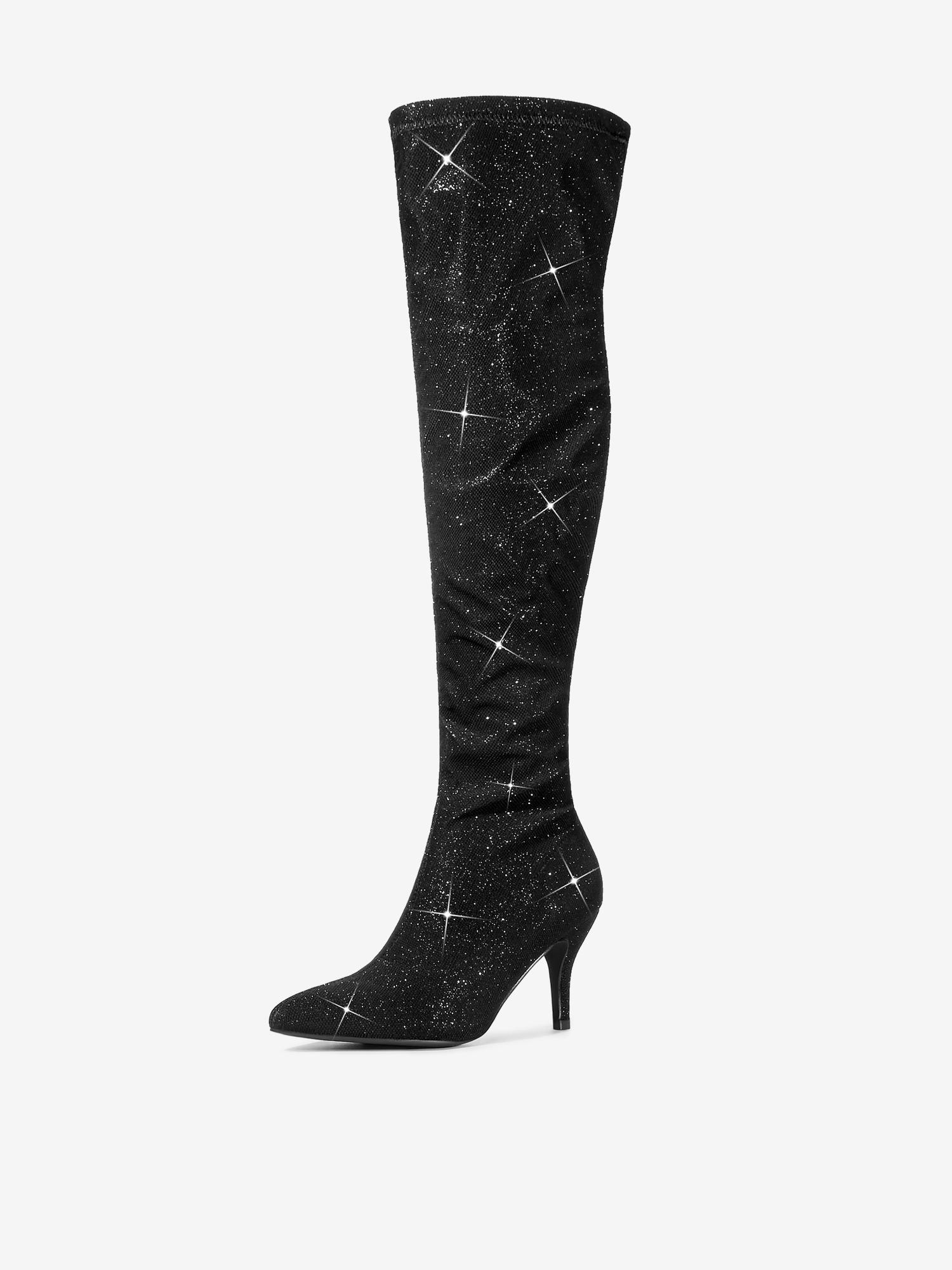 Glitter Pointed Toe Stiletto Heel Over the Knee High Boot Black/7