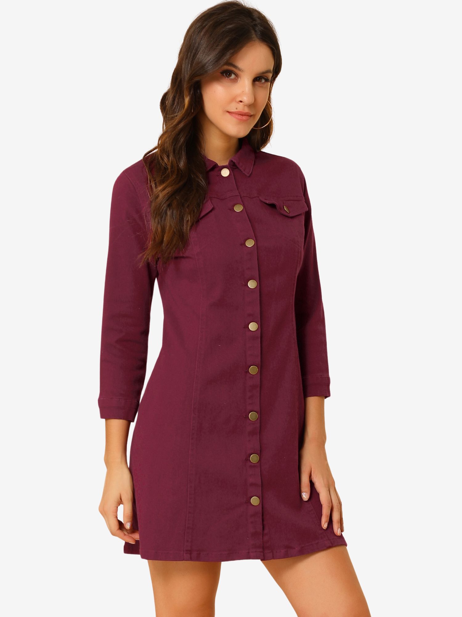 3/4 Sleeve Button Down Denim Shirt Dress Burgundy/L
