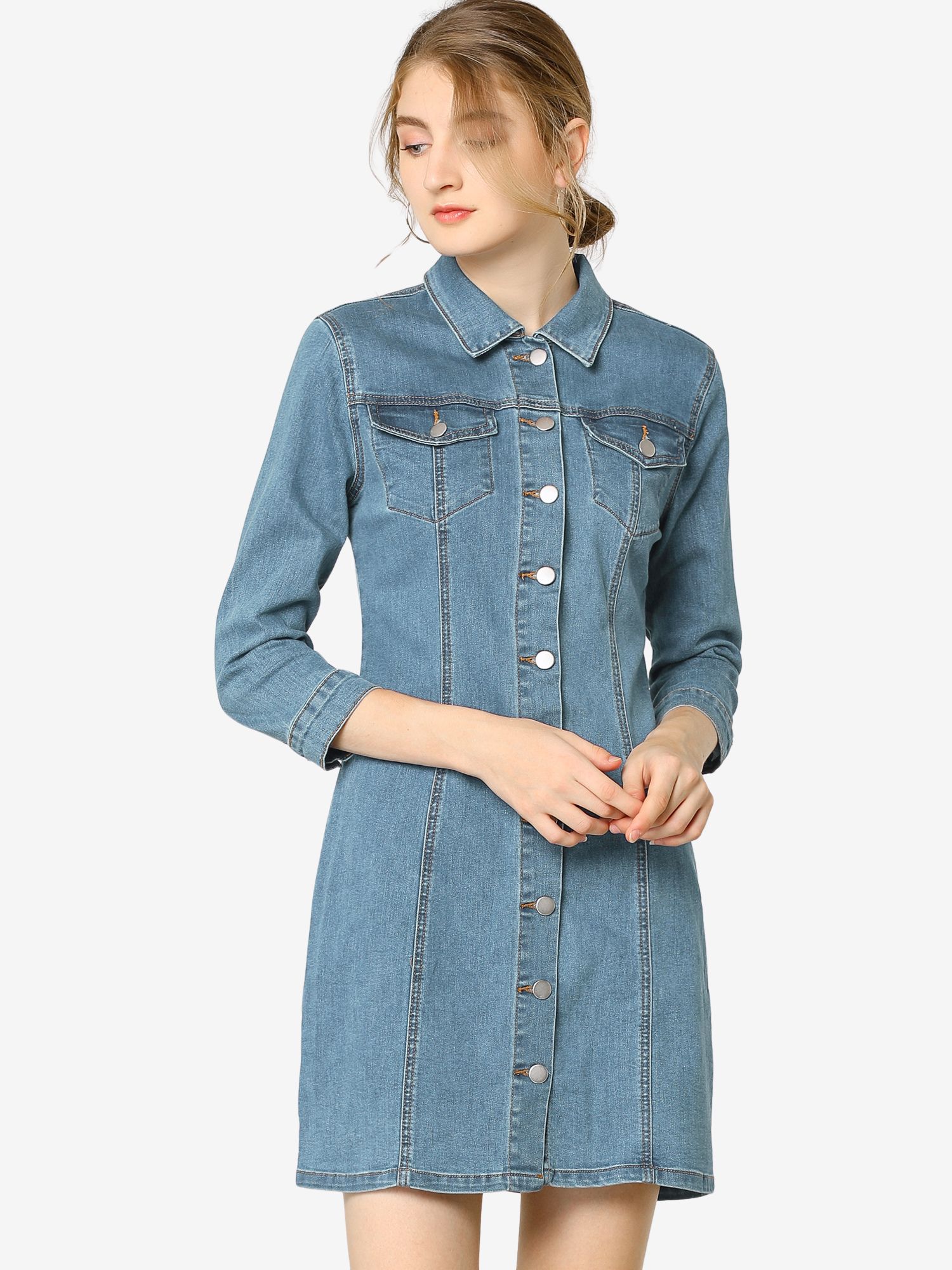 3/4 Sleeve Button Down Denim Shirt Dress Baby Blue/XL