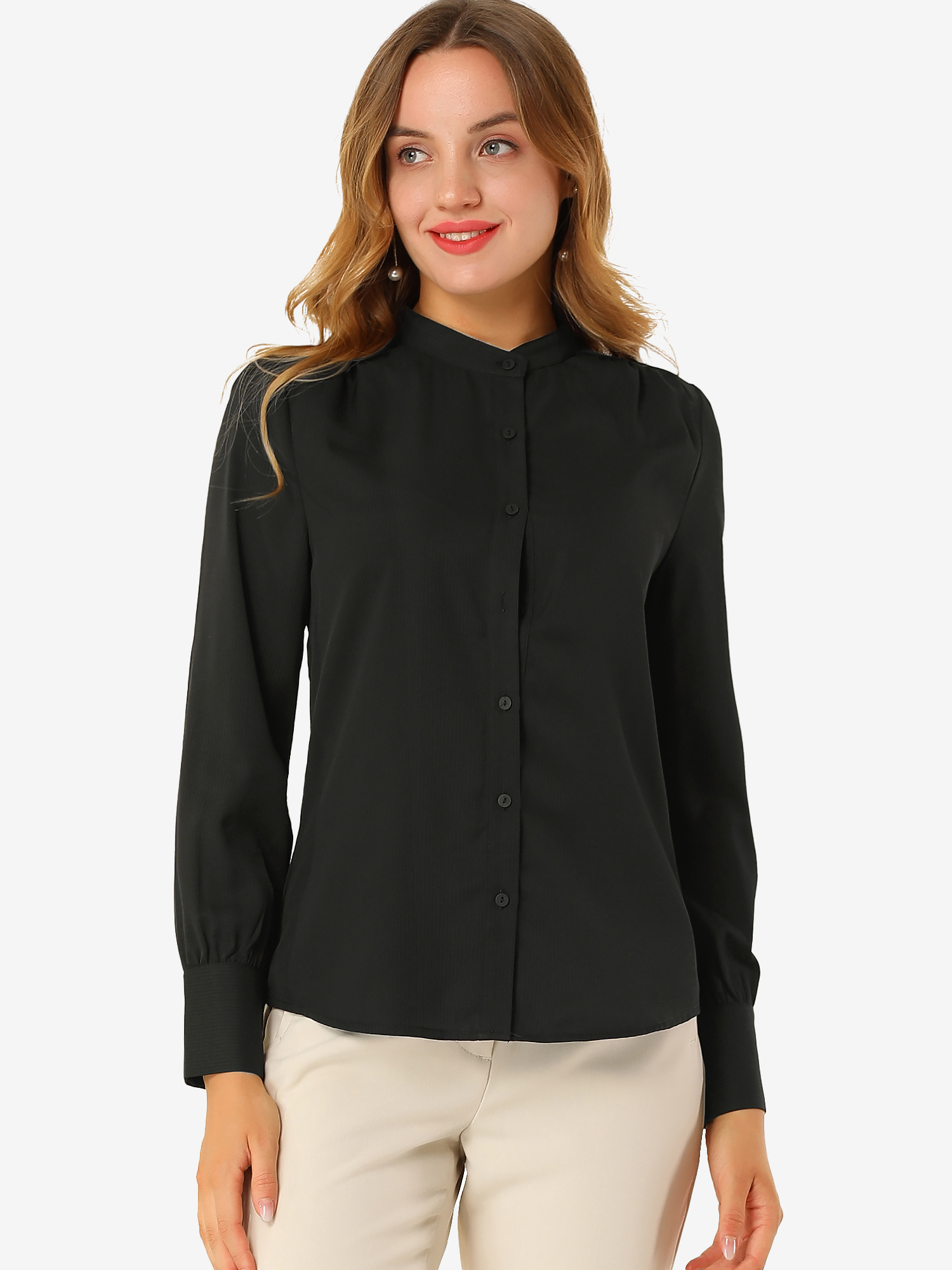 Mandarin Collar Long Sleeve Button Down Office Shirt Black/S