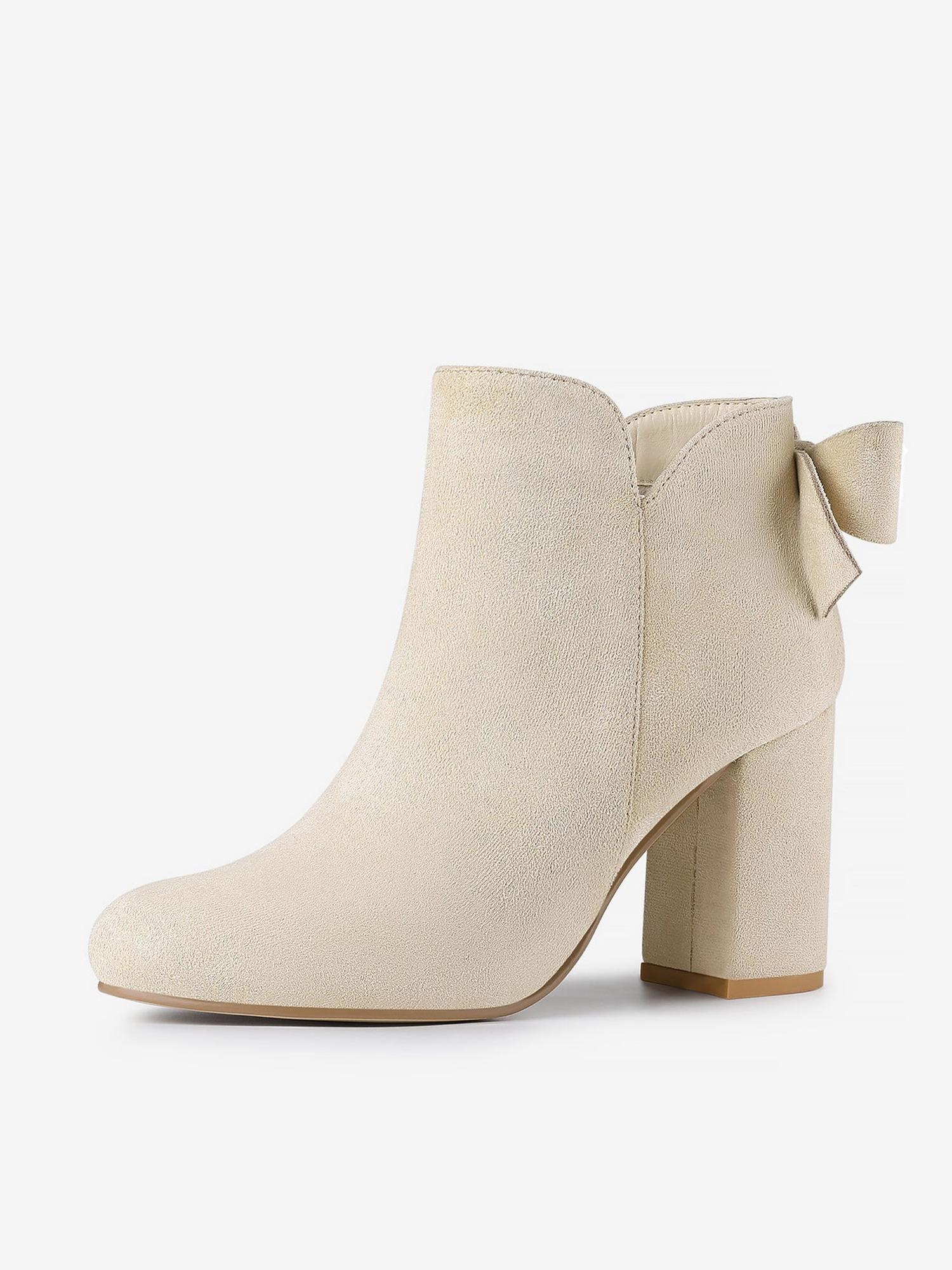 Round Toe Bow Decor Chunky Heel Ankle Boots Beige/8.5