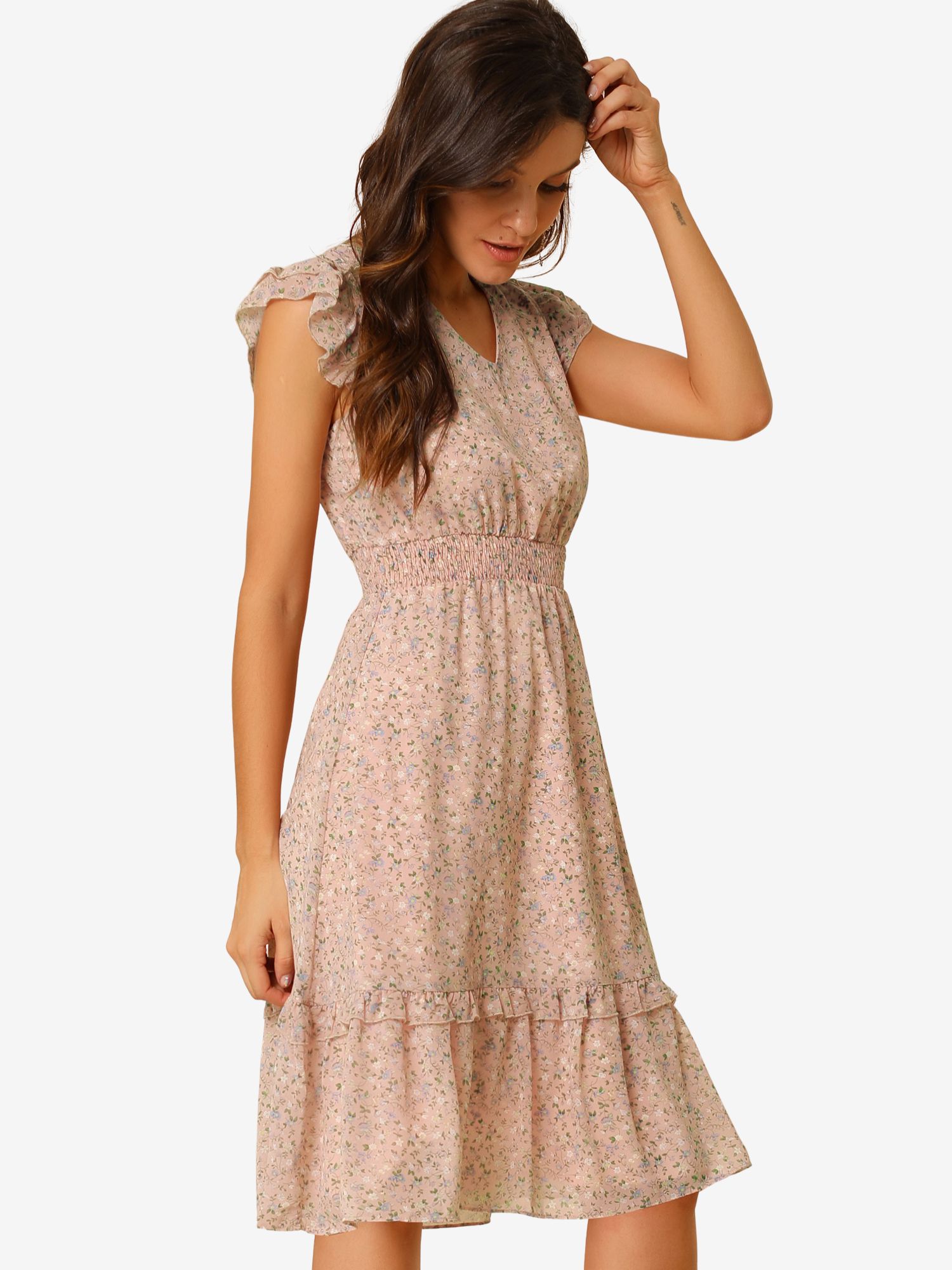 Floral Flutter Sleeve V Neck Smocked Ruffle Dress Pink/S