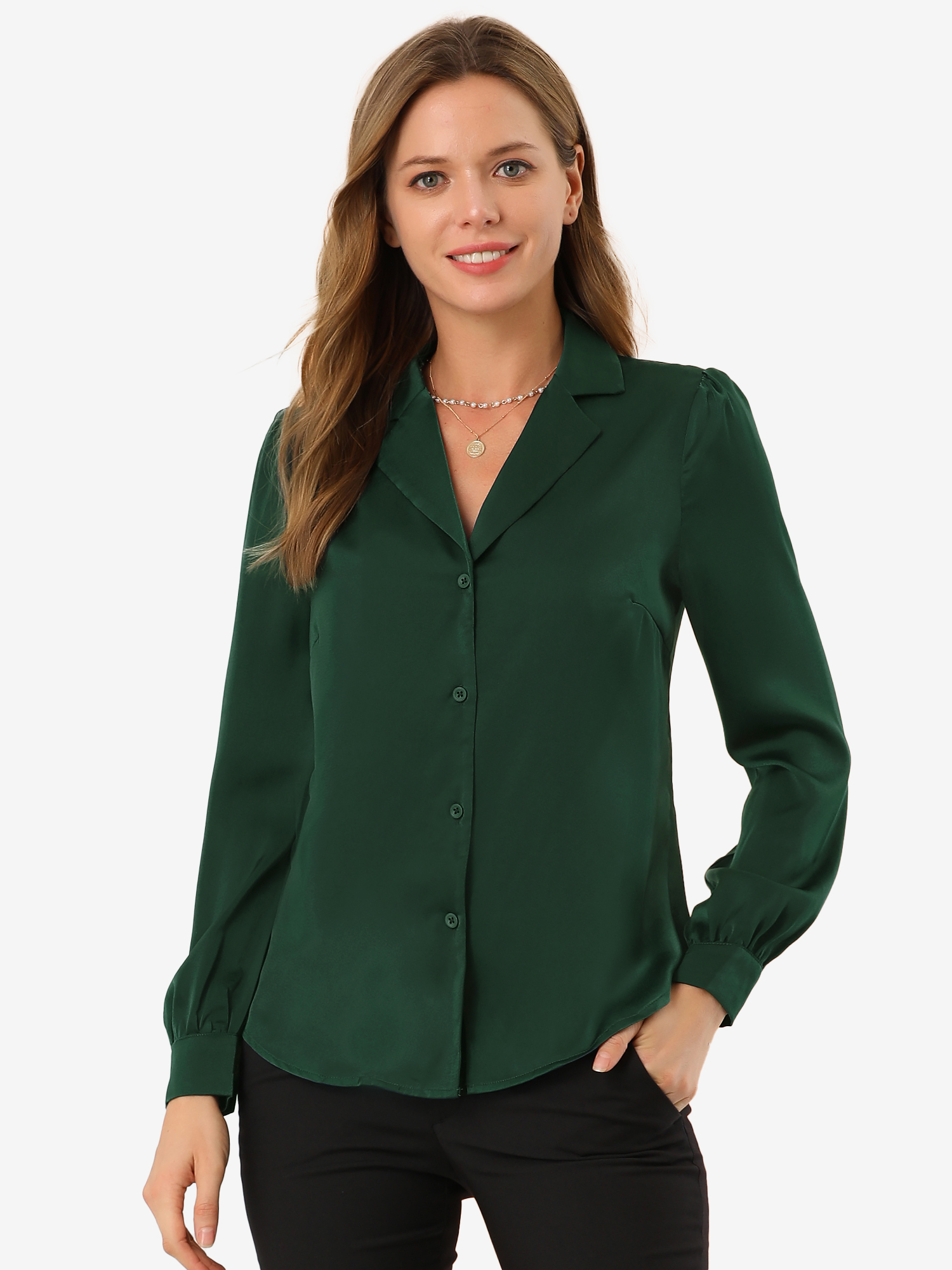 Elegant Collar Blouse Long Sleeve Work Office Satin Button Down Shirt Green/L