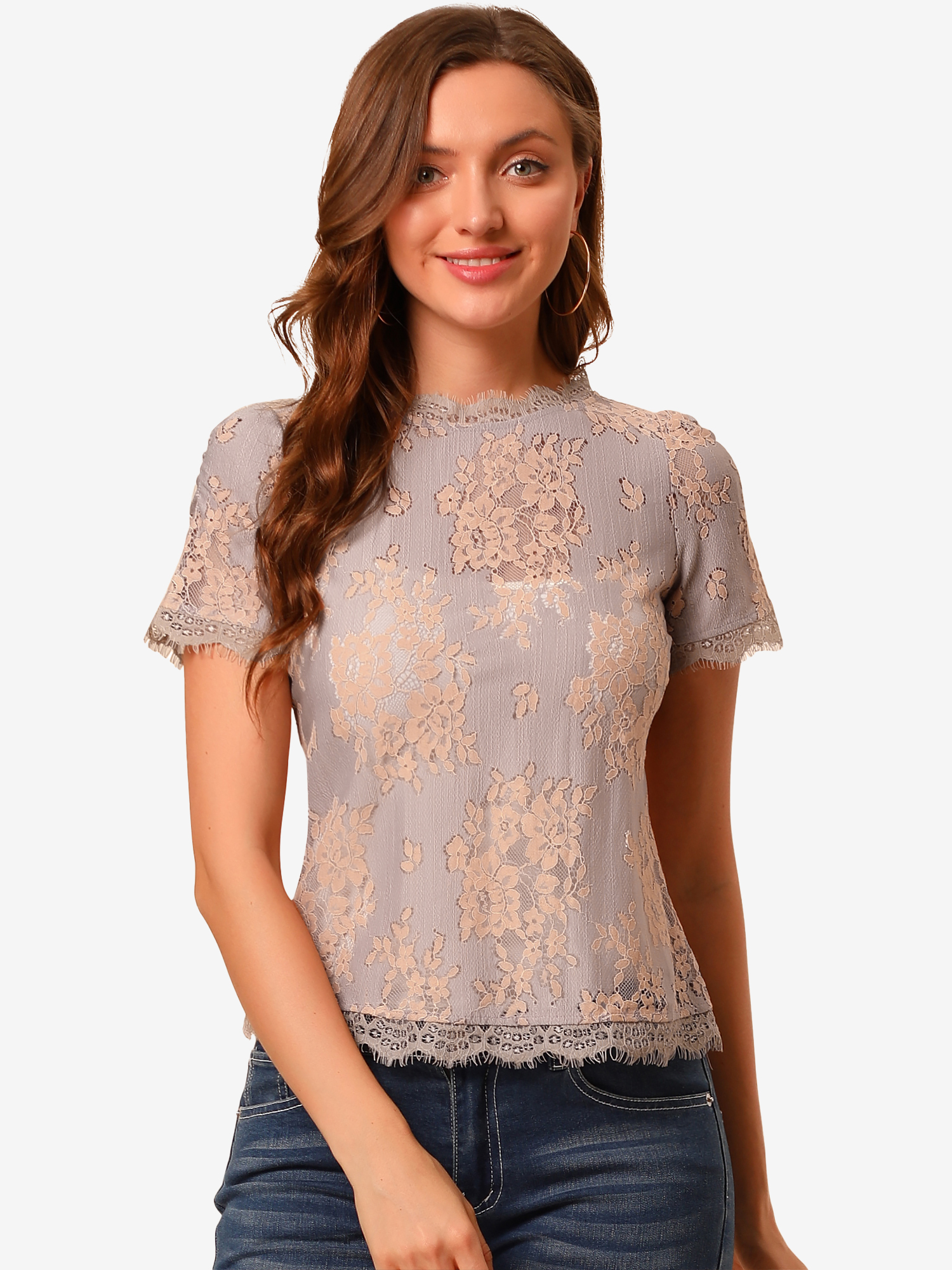 Lace Floral Scalloped Trim Short Sleeve Semi Sheer Blouse Purple/S