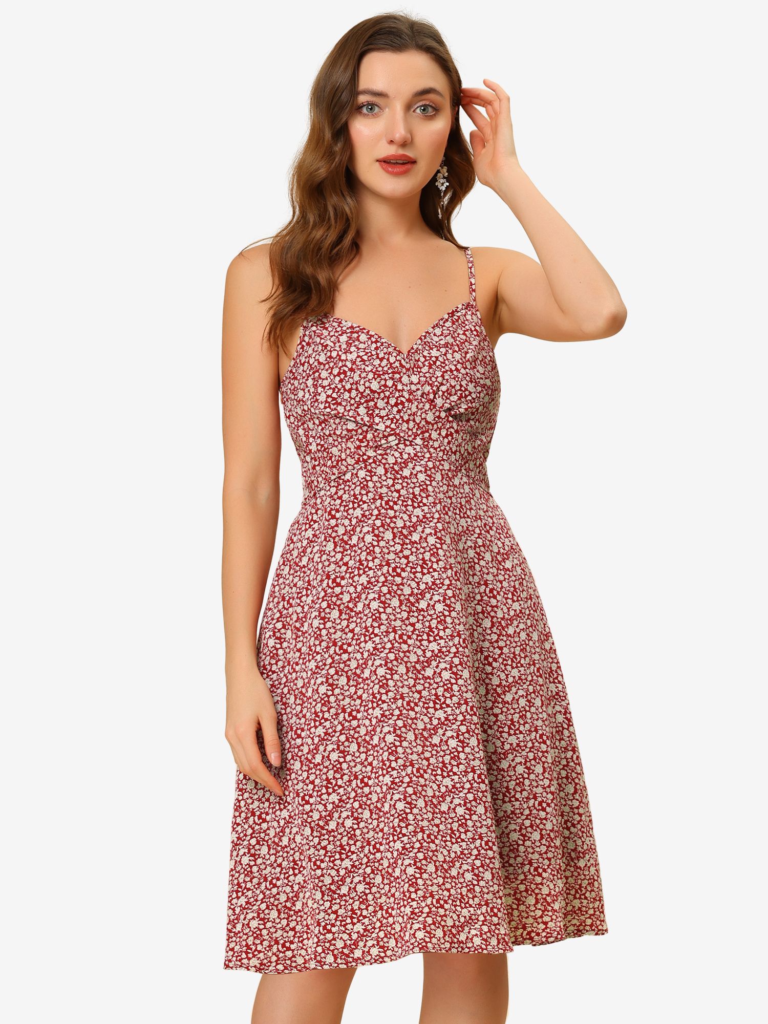 Floral Twist Front Knee Length Summer Adjustable Strap Dress Red/XL