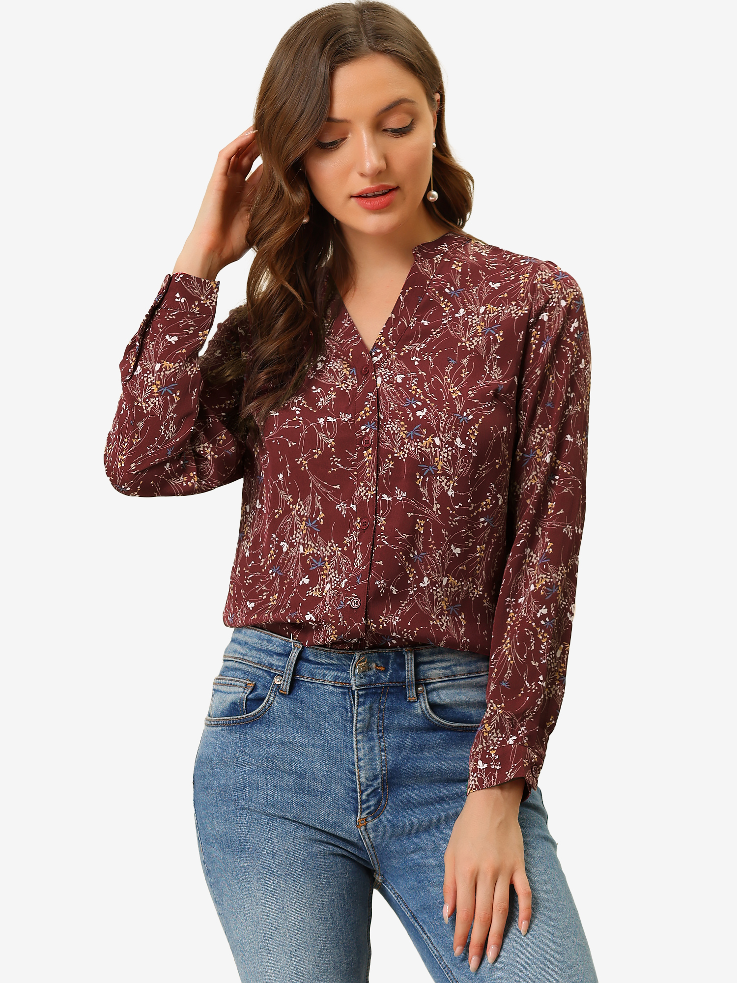 Chiffon Floral Tops V Neck Long Sleeve Button-Up Blouse Shirt Burgundy/M