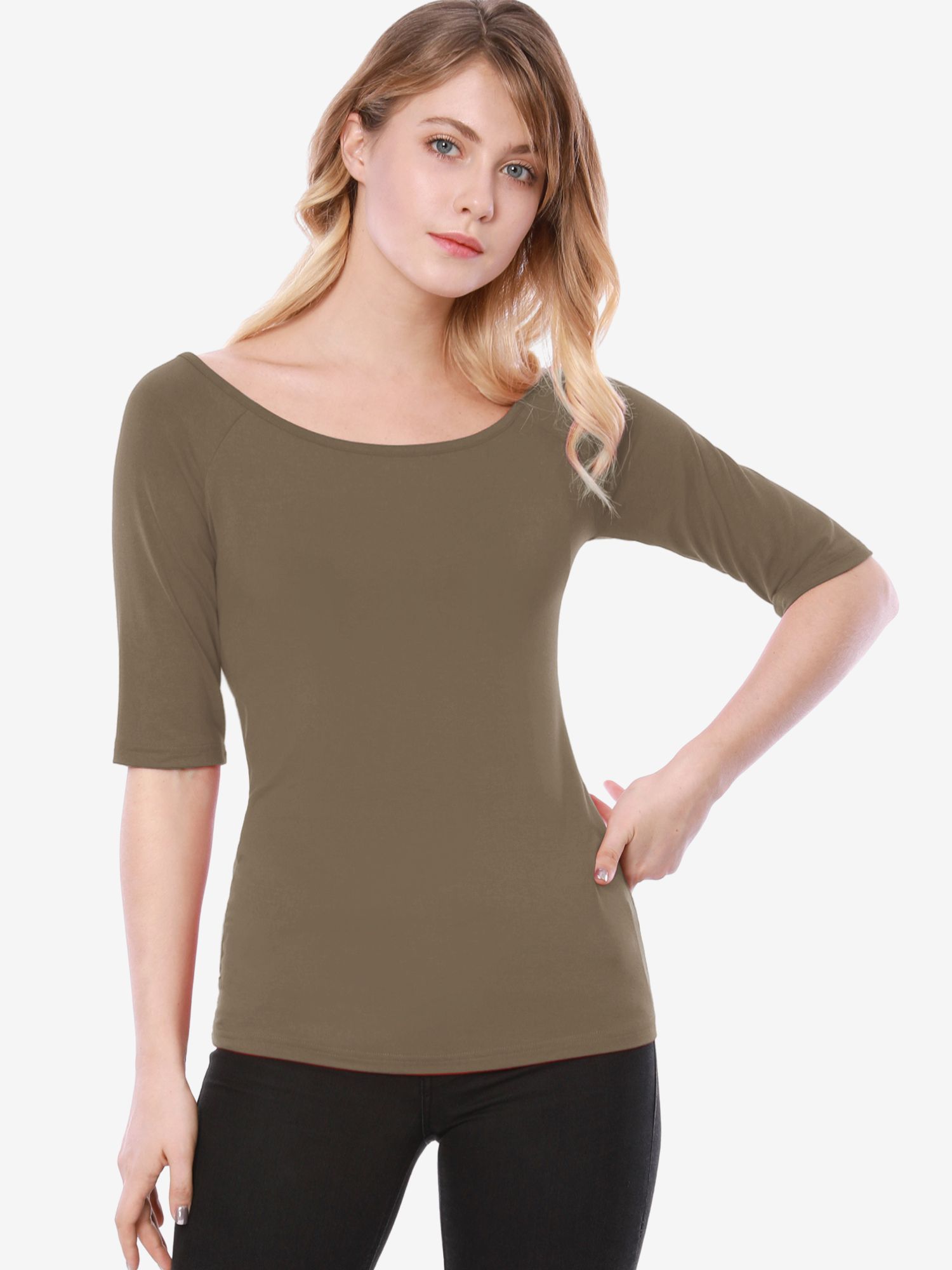 Scoop Neck Half Sleeves Fitted Layering Soft T-Shirt Dark Khaki/3XL