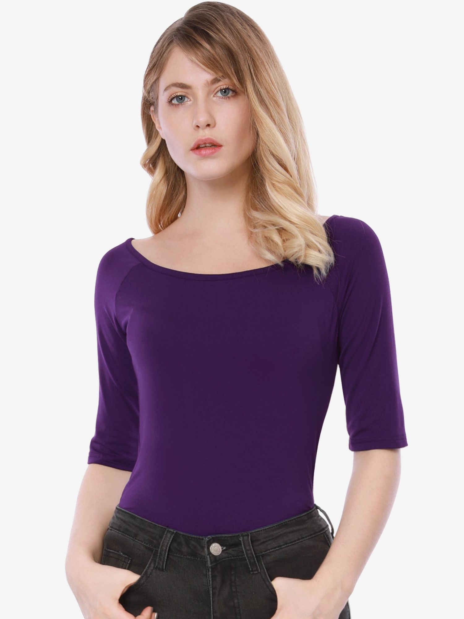 Scoop Neck Half Sleeves Fitted Layering Soft T-Shirt Dark Purple/3XL