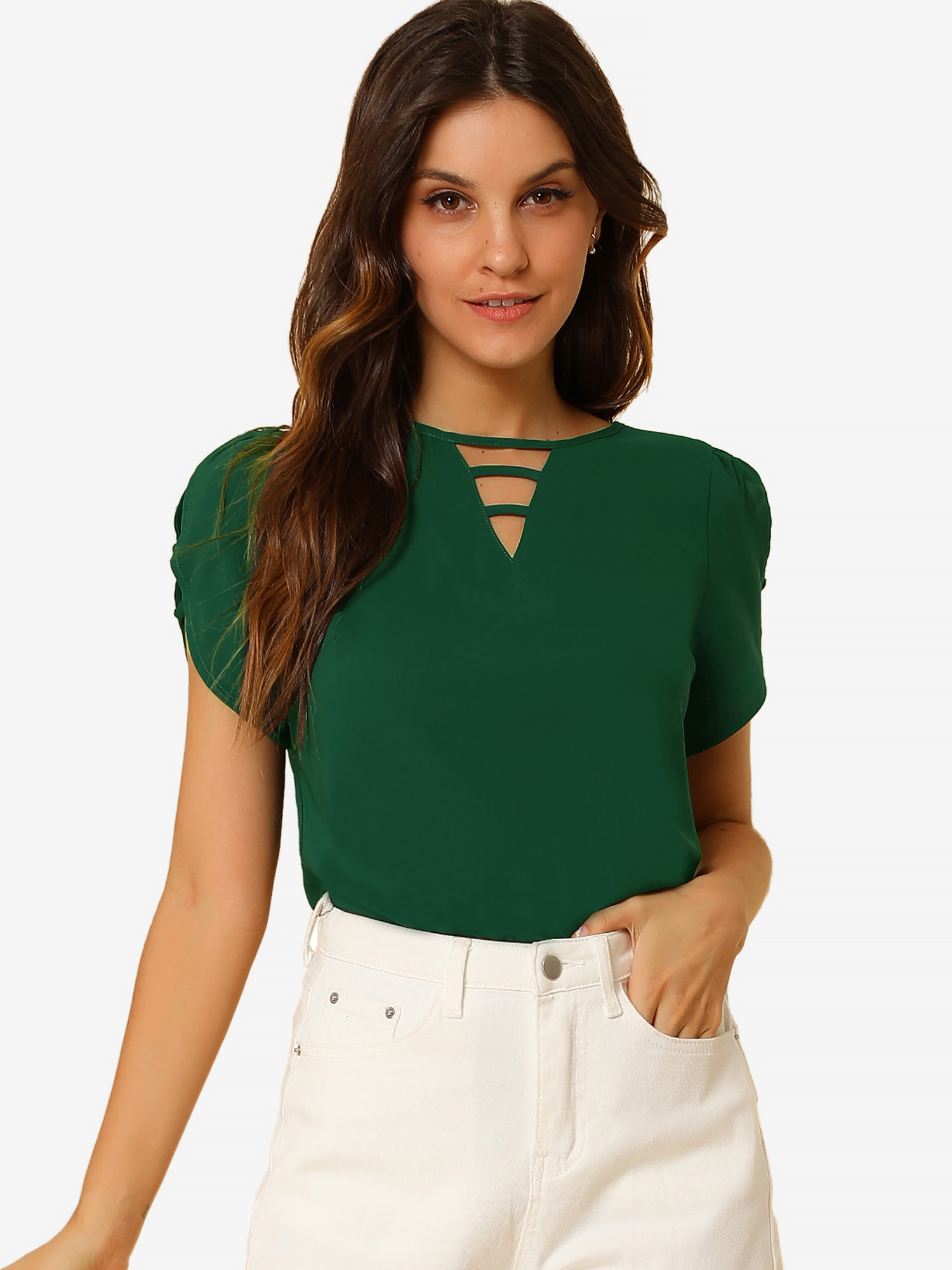 Cutout Round Neck Cap Sleeve Casual Top Dark Green/L