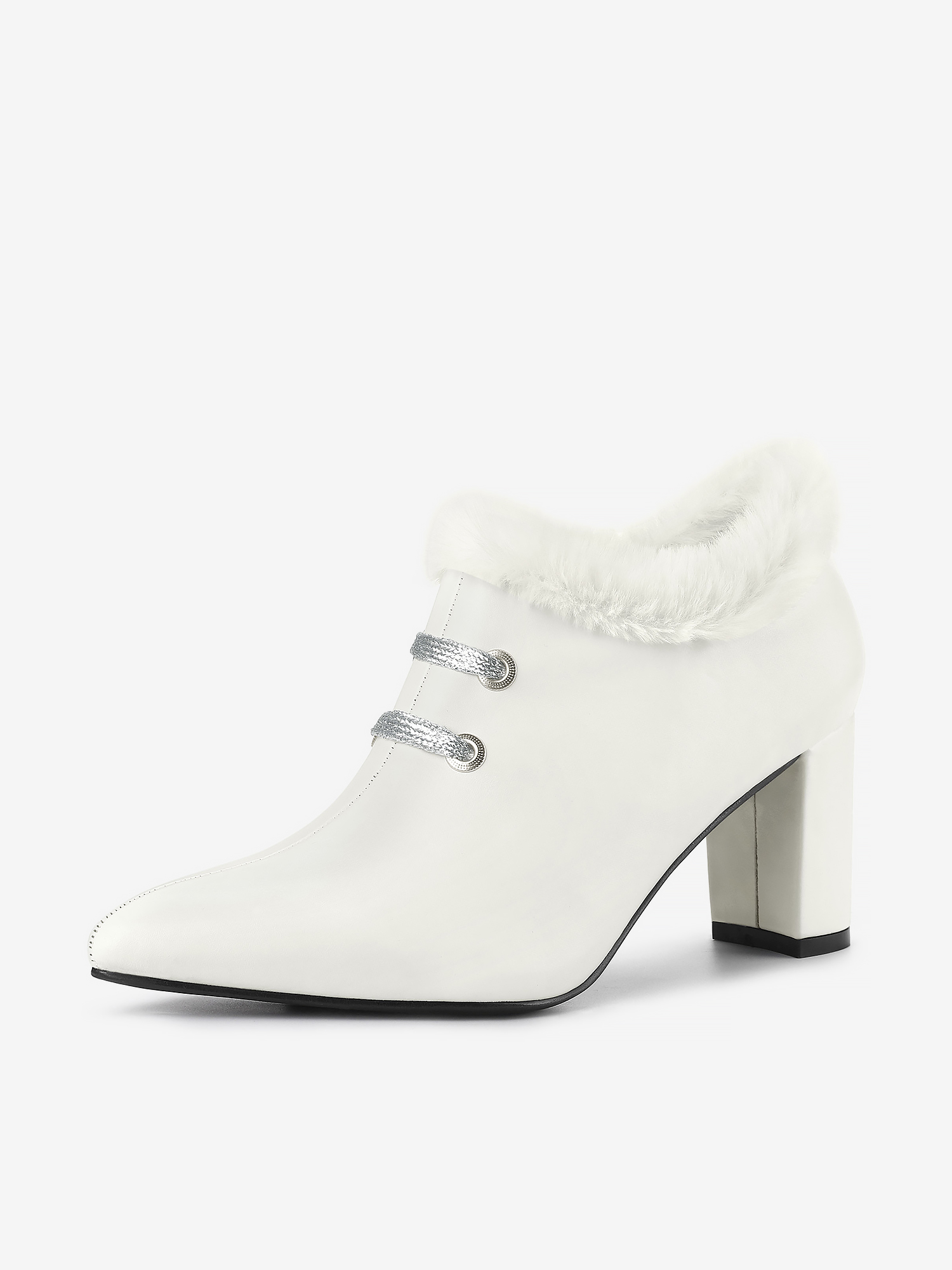 Block Heel Pointed Toe Faux Fur Ankle Booties White/11
