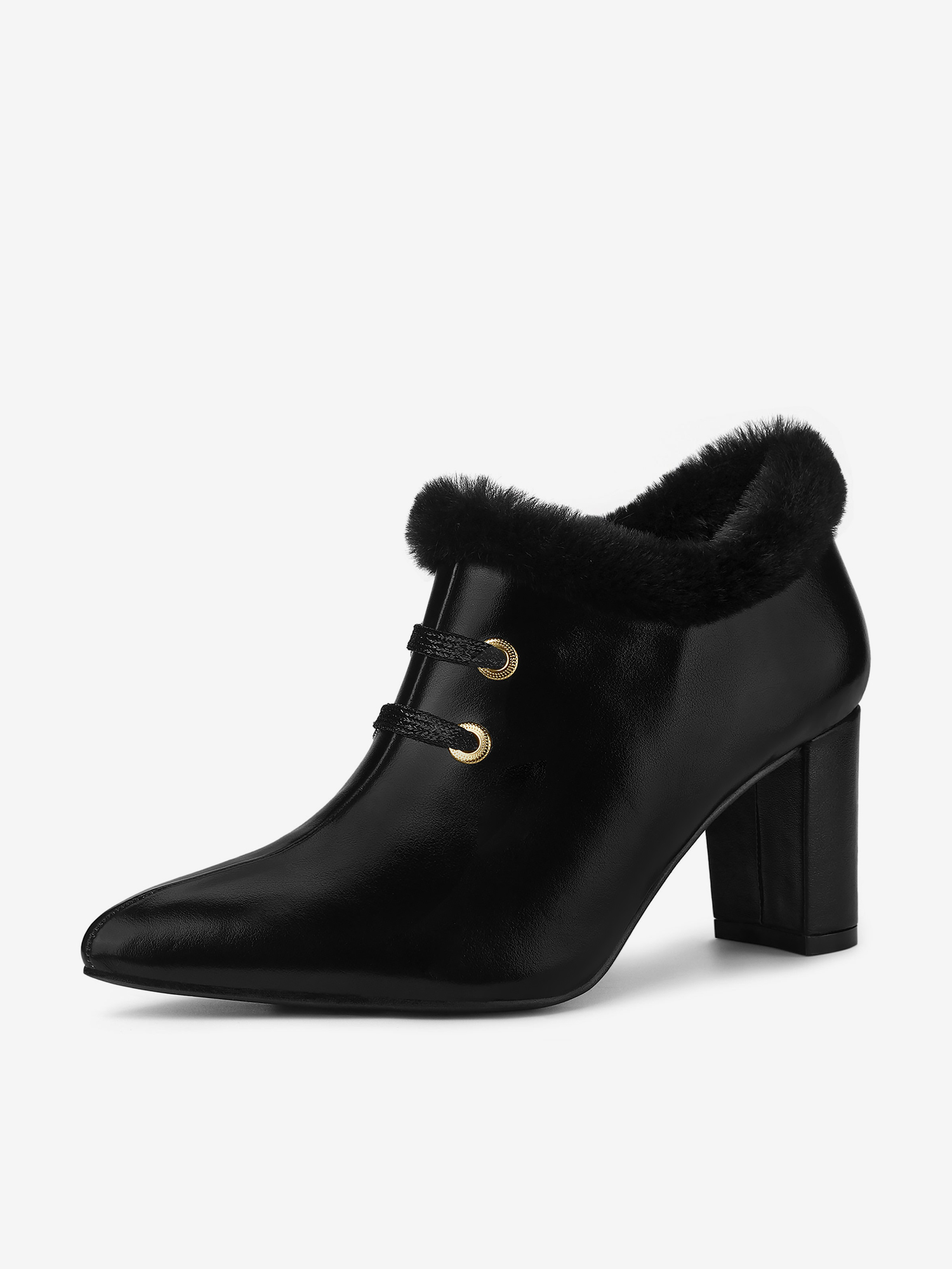 Block Heel Pointed Toe Faux Fur Ankle Booties Black/9