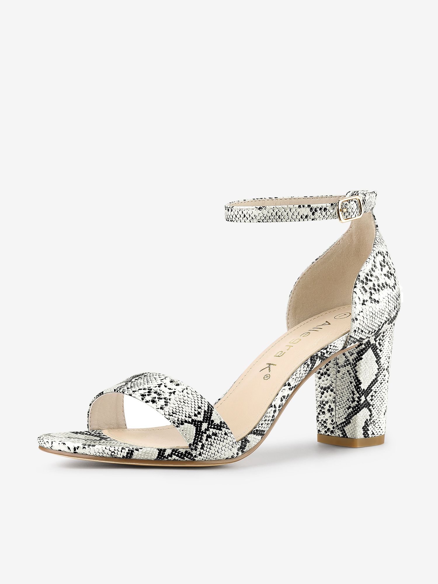 Snake Skin Print Chunky Heel Ankle Strap Sandals White Snake/6
