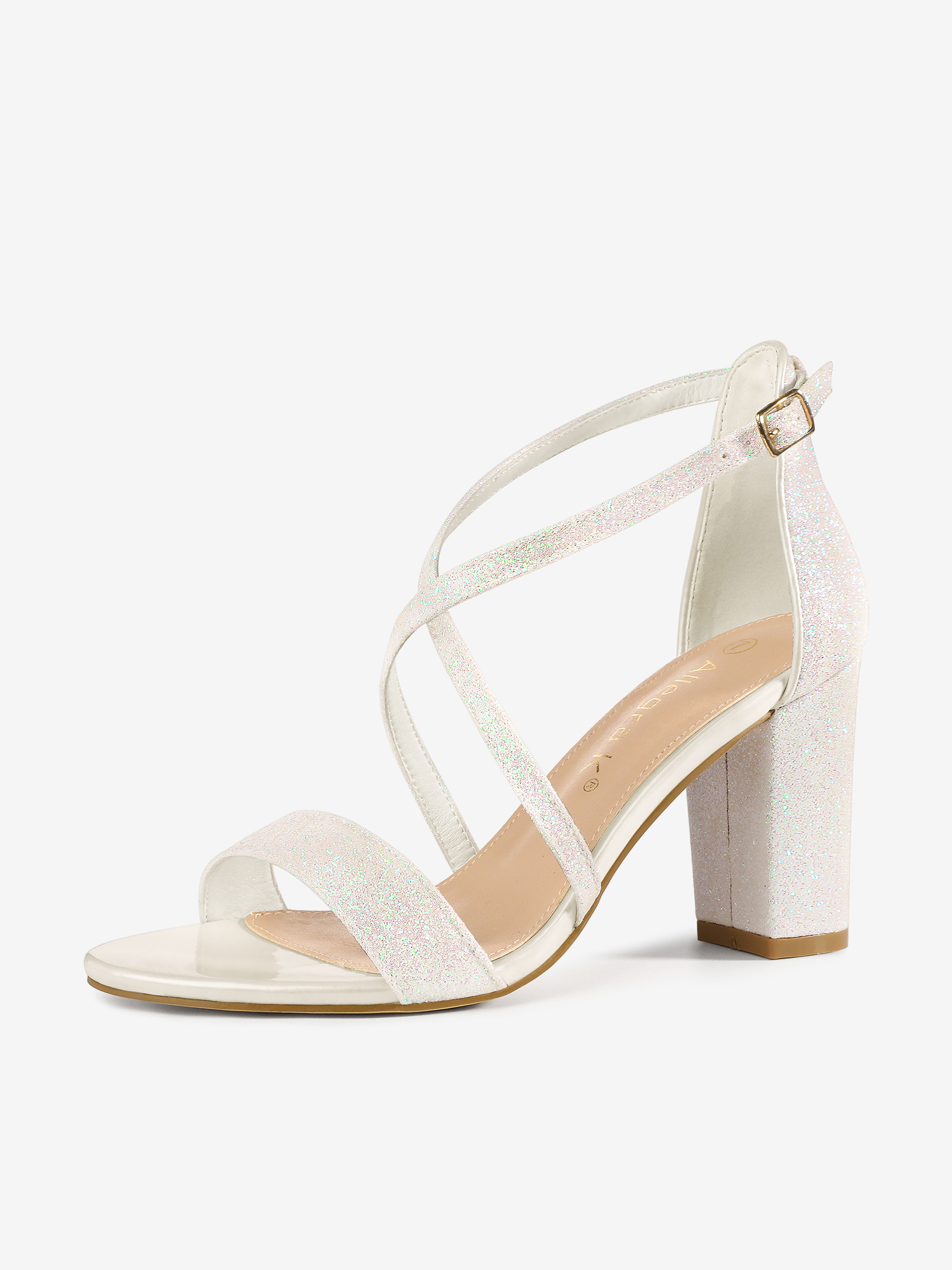 Glitter Crisscross Strap Block Heel Sandals White/10