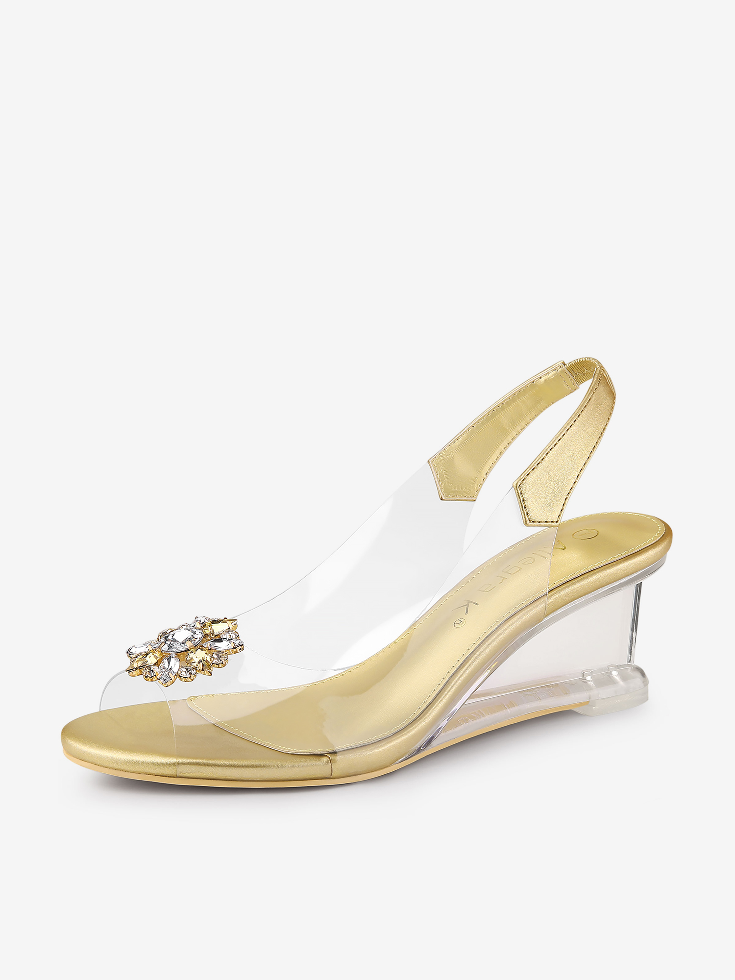 Clear Slingback Wedges Rhinestone Transparent Peep Toe Heel Gold/10