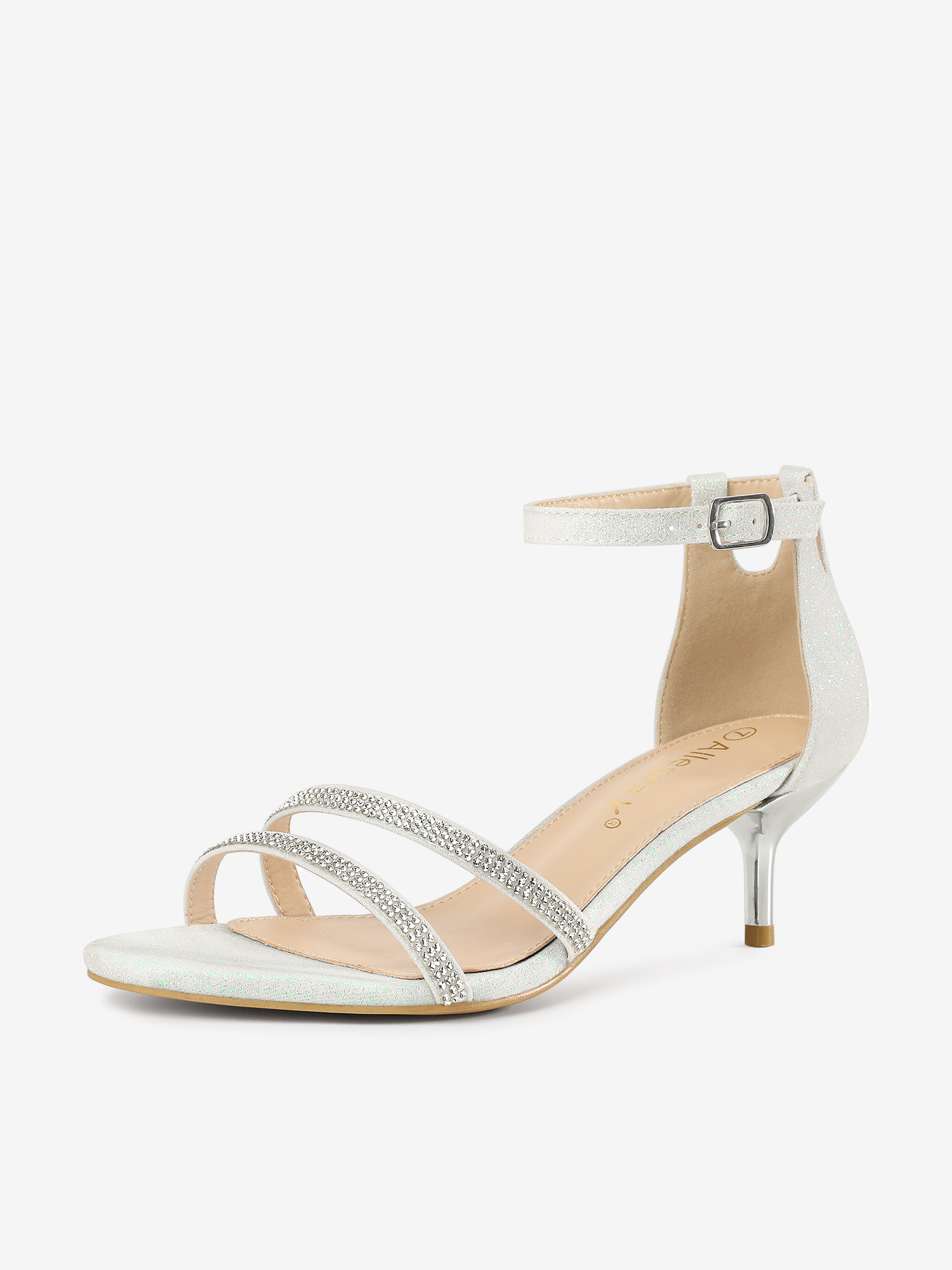 Glitter Stiletto Kitten Heel Buckle Closure Sandals White/6