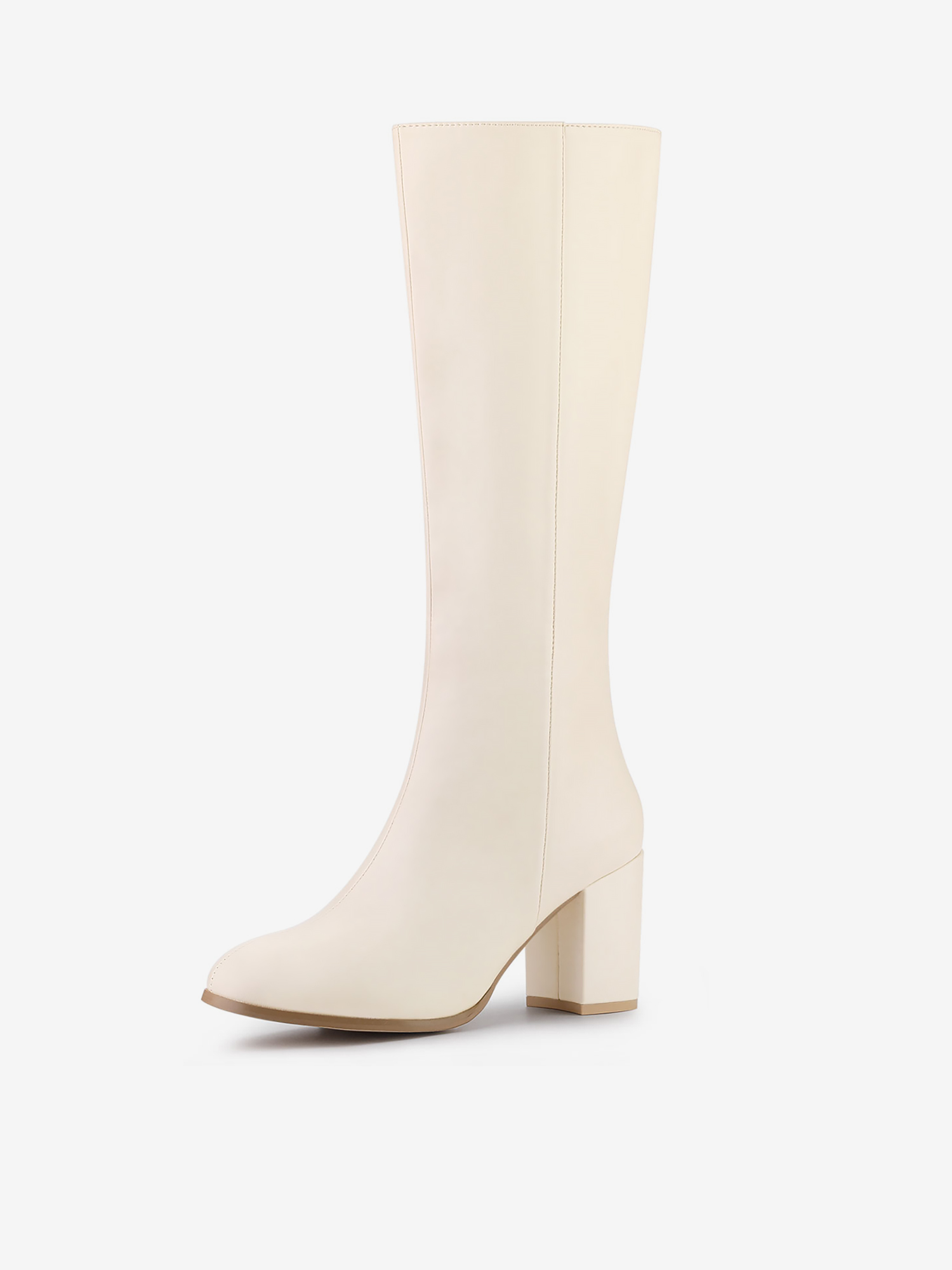 Round Toe Zip Block Heel Knee High Boots Cream White/9.5