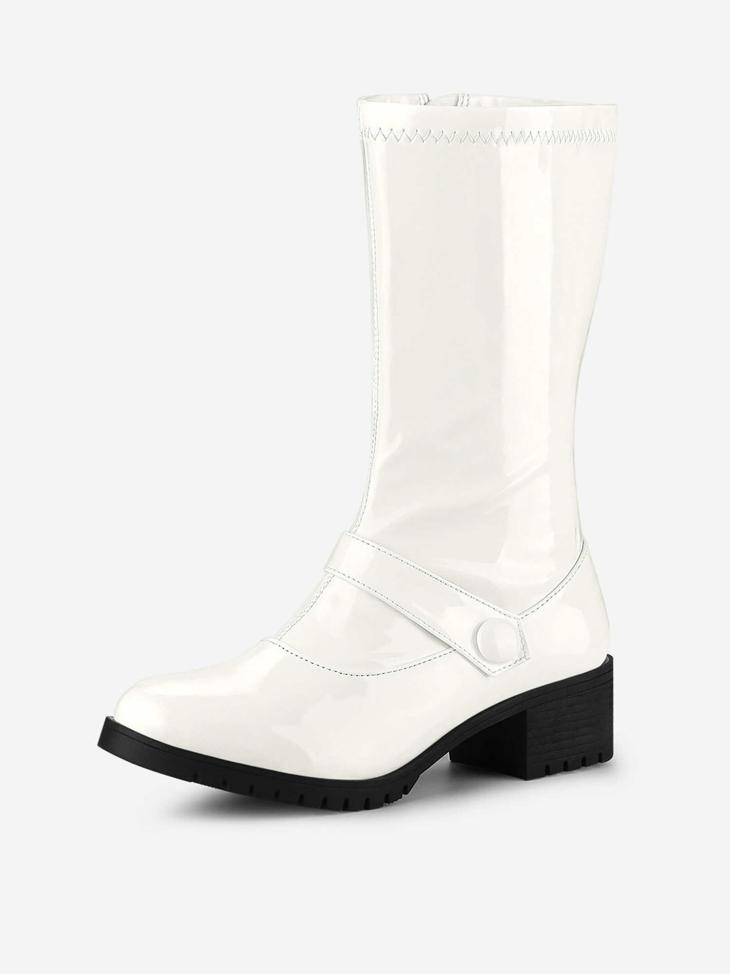 Mid Calf Chunky Heel Patent Leather GO Boots White/7.5
