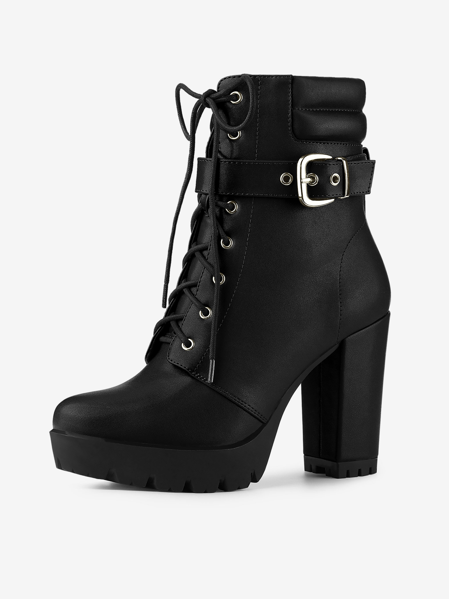 Lace Up Belt Decor Platform Block Heel Combat Ankle Boots Black/9