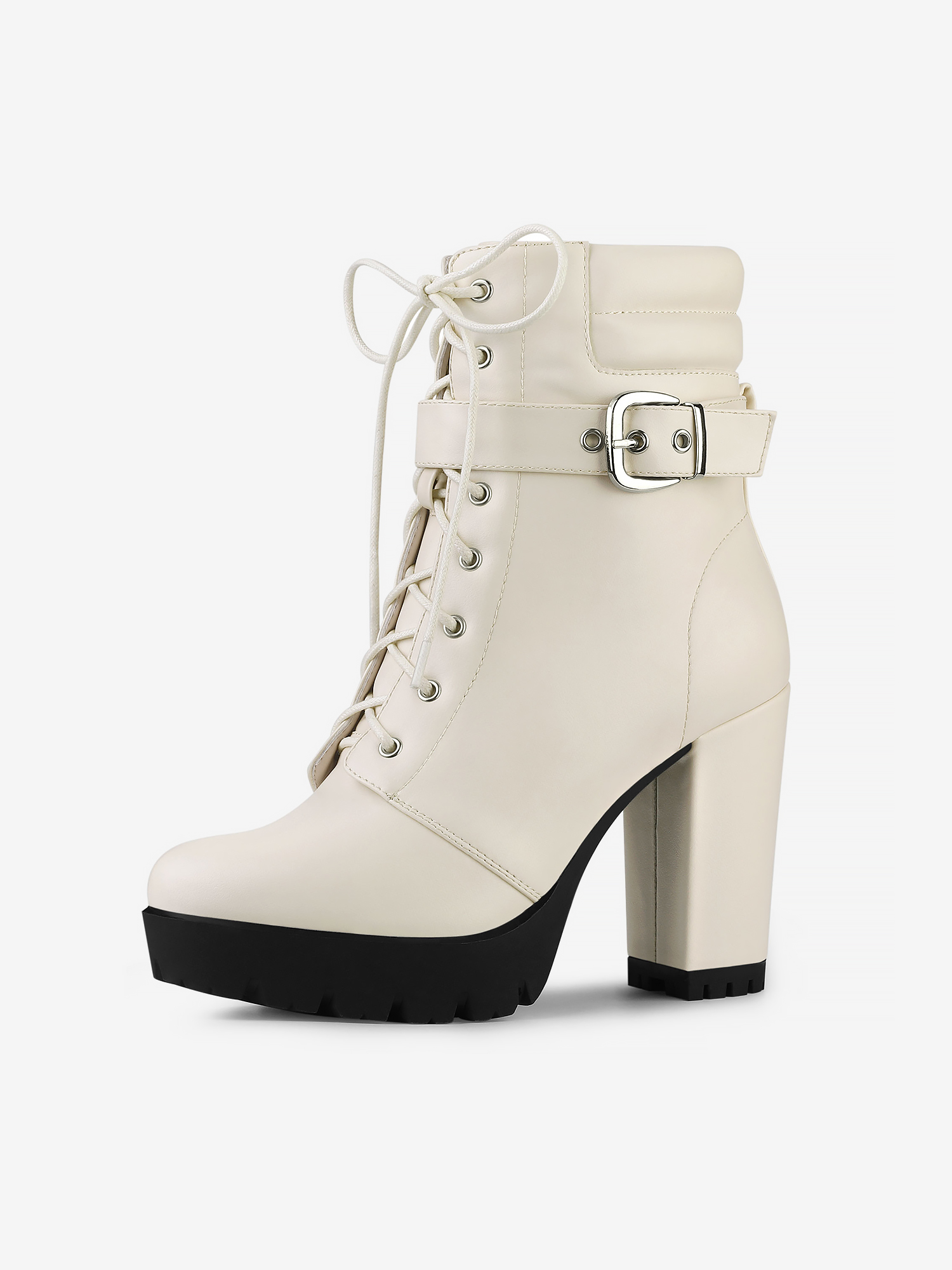 Lace Up Belt Decor Platform Block Heel Combat Ankle Boots Beige/9