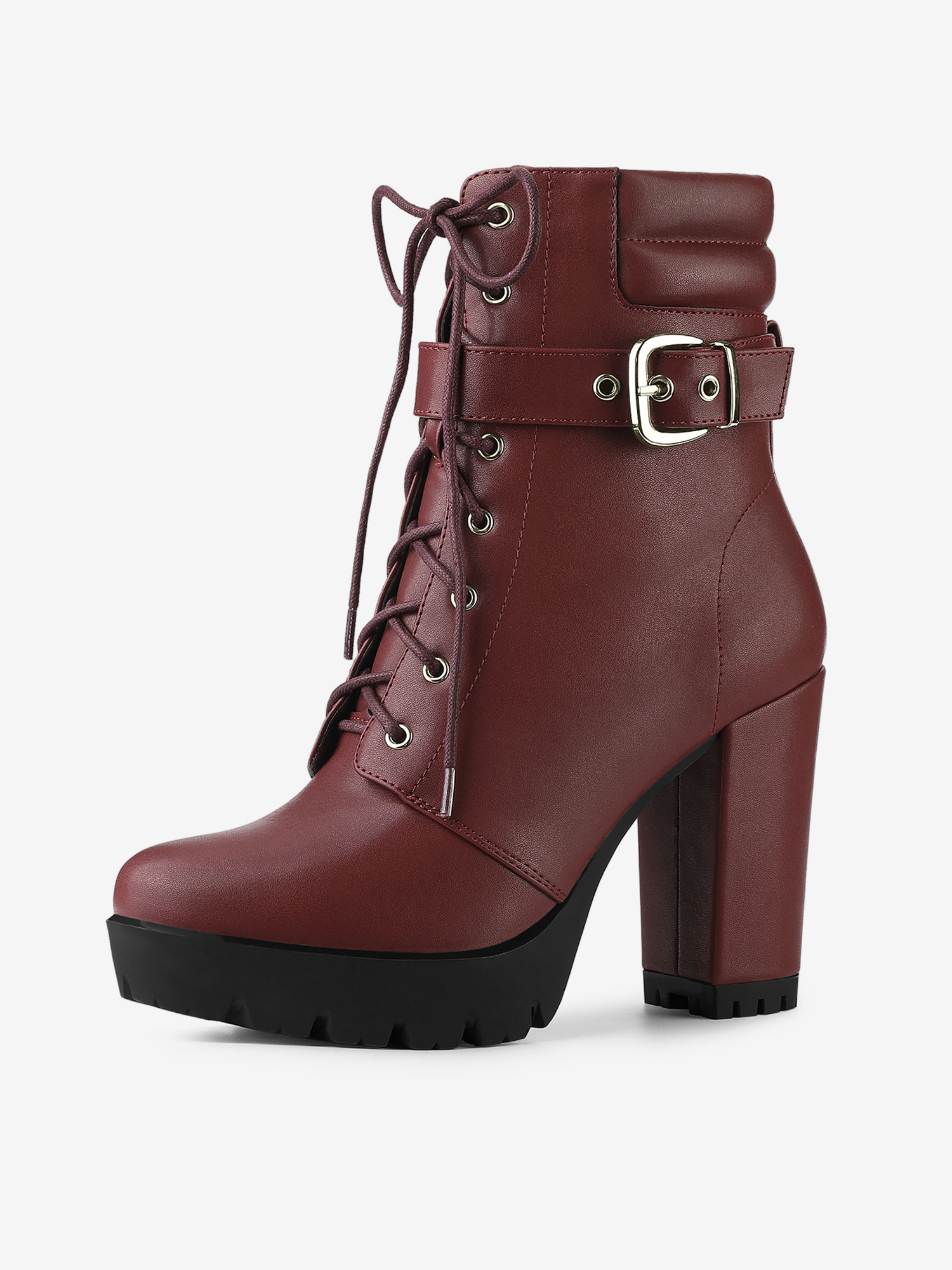 Lace Up Belt Decor Platform Block Heel Combat Ankle Boots Burgundy/6