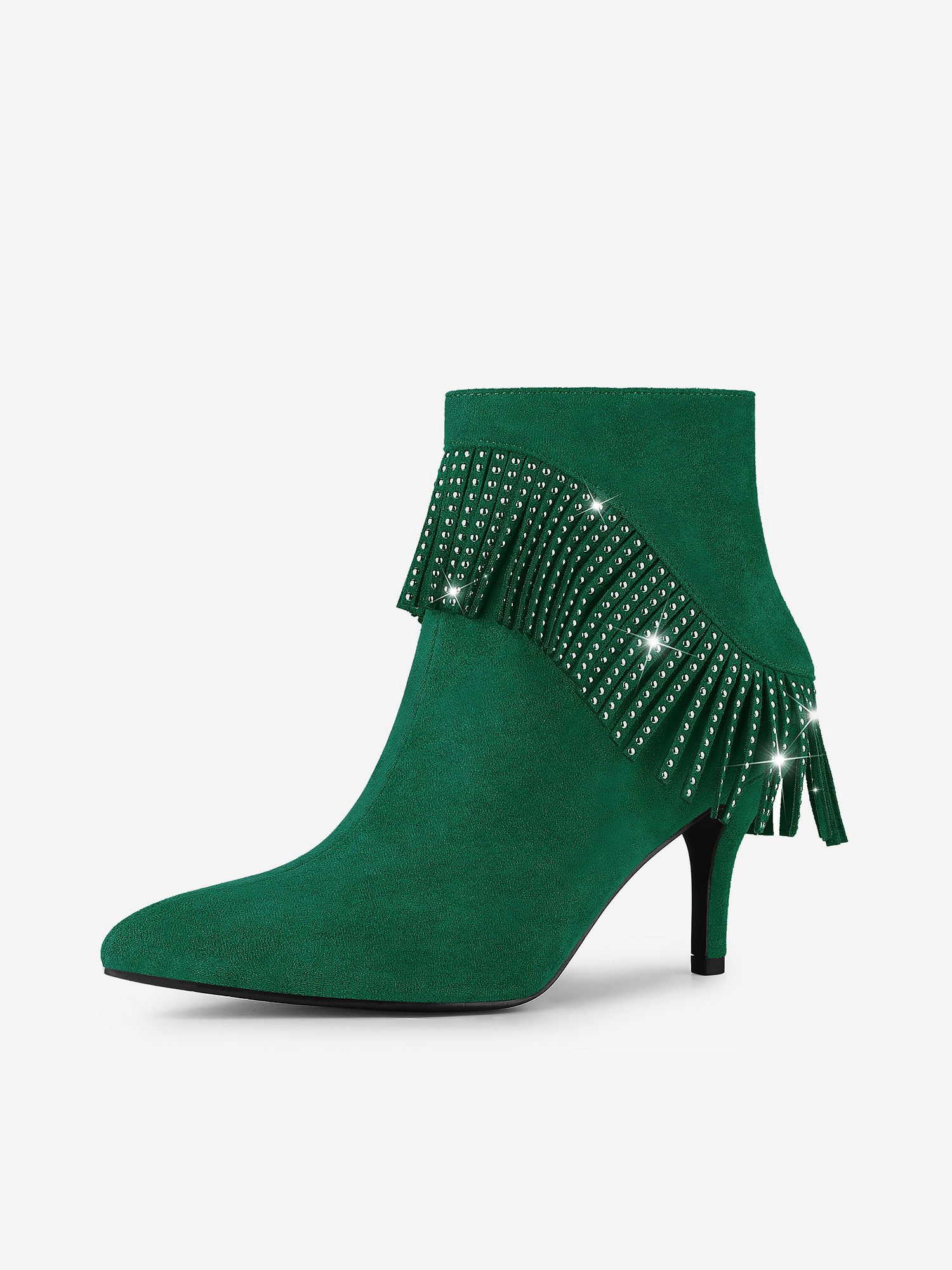 Fringe Side Zipper Rhinestone Stiletto Heel Ankle Boots Emerald Green/6
