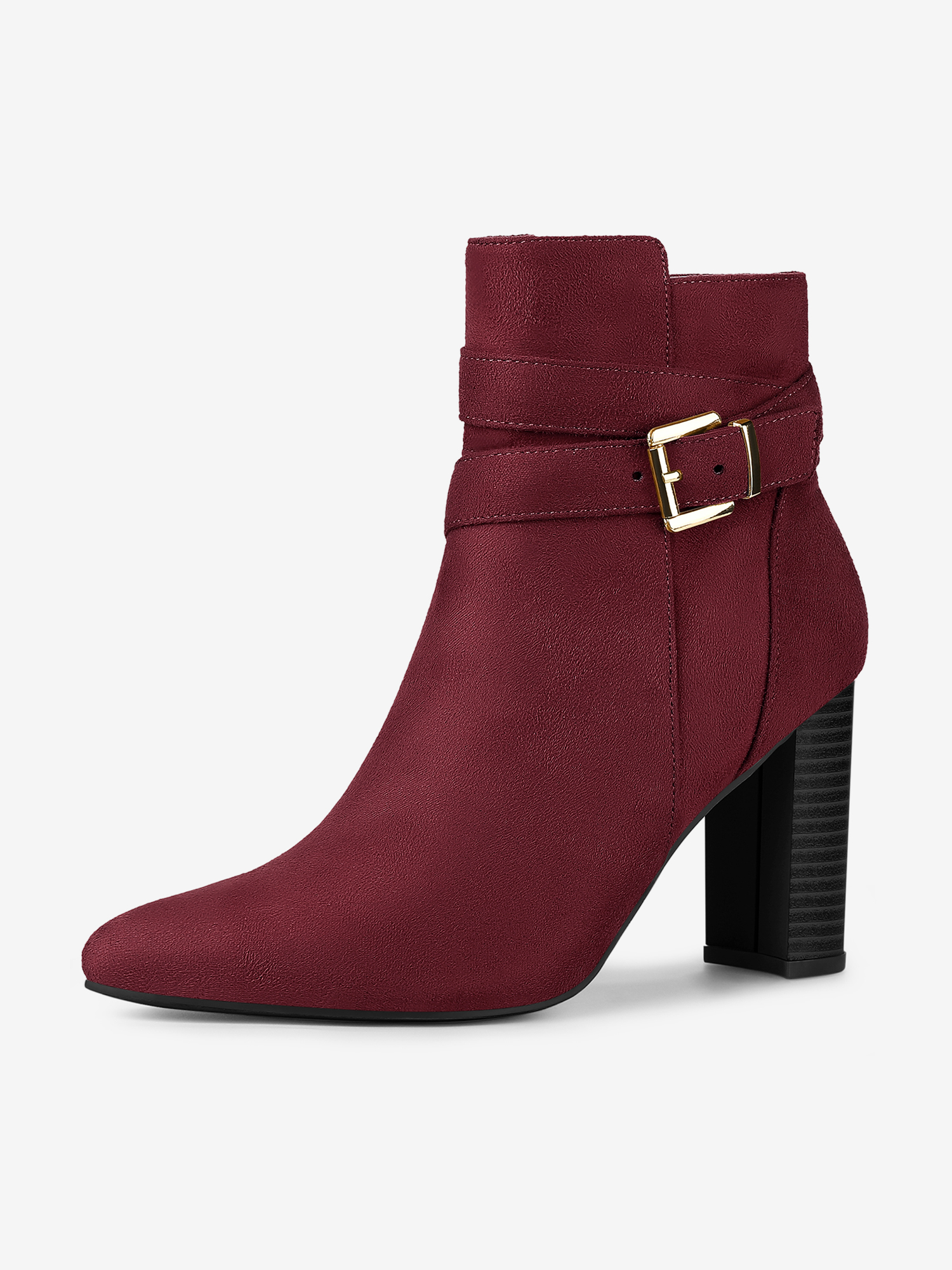 Pointed Toe Buckle Decor Chunky Heel Ankle Boots Burgundy/9