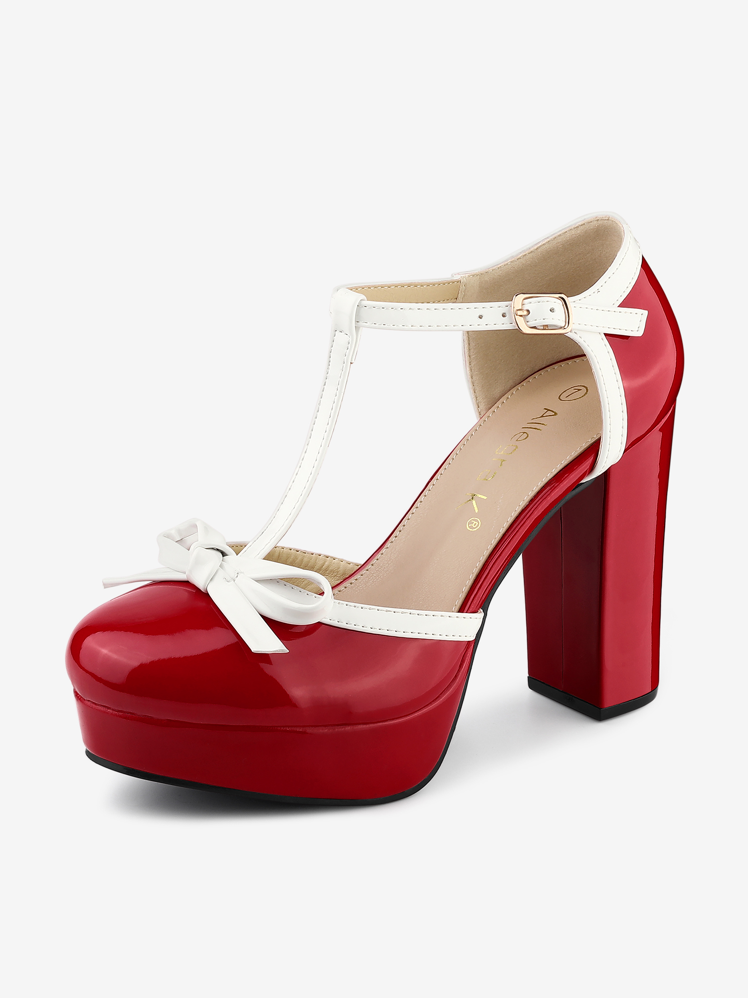 Platform Bow T Strap Chunky Heel Pumps Red/7