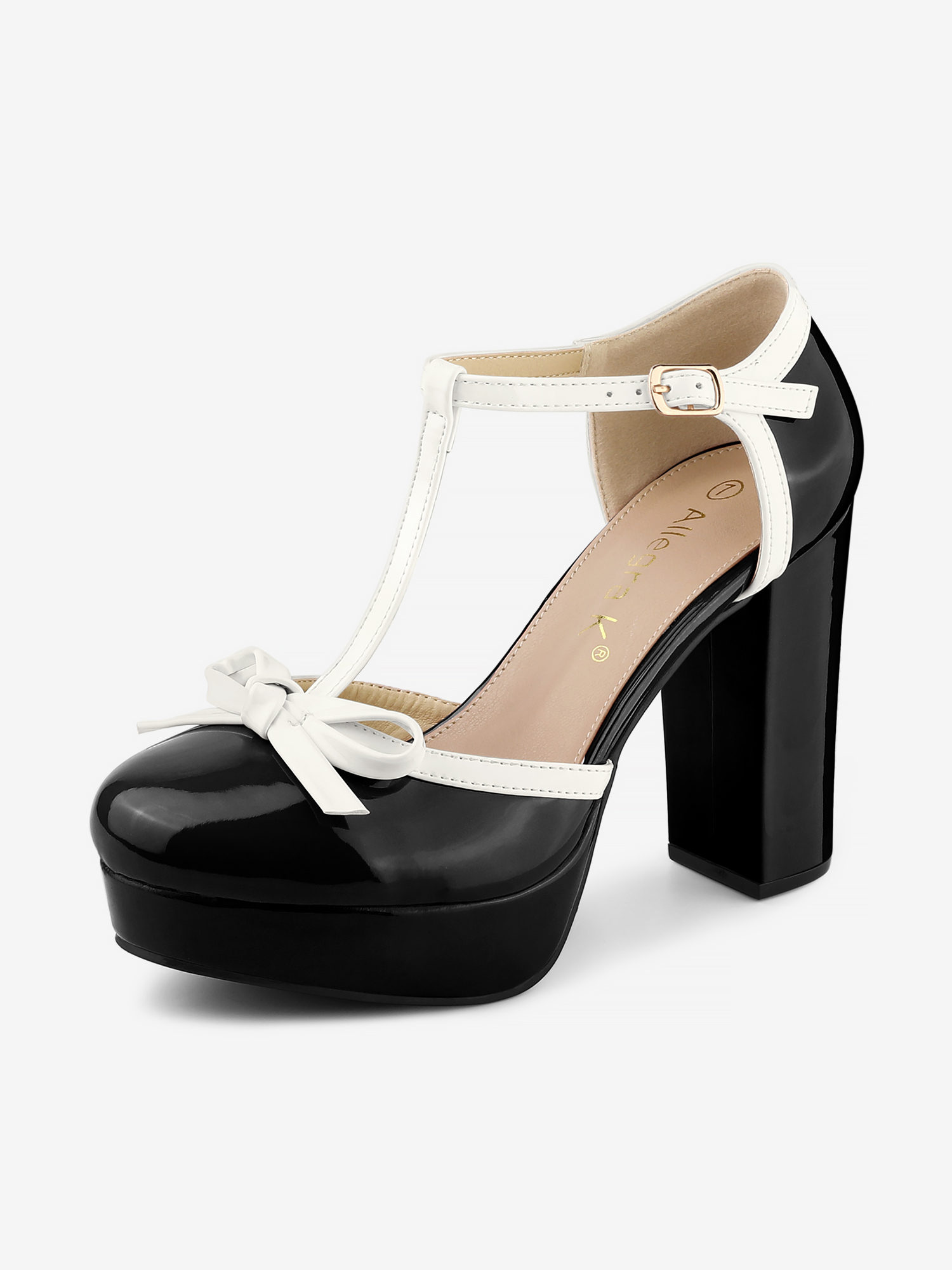 Allegra – Platform Bow T Strap Chunky Heel Pumps Black/8