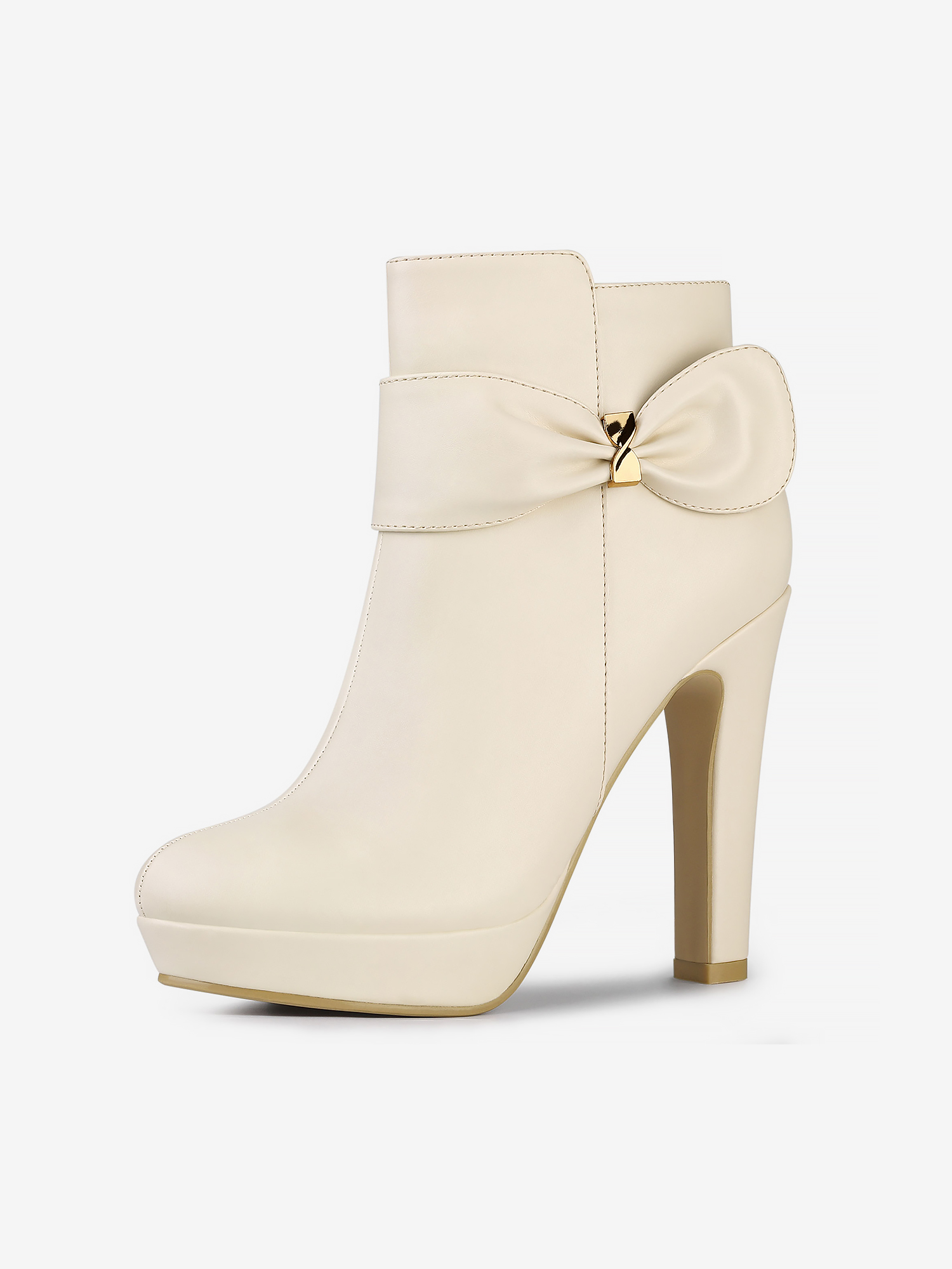 Chunky High Heel Platform Bow Decor Ankle Boots Beige/9