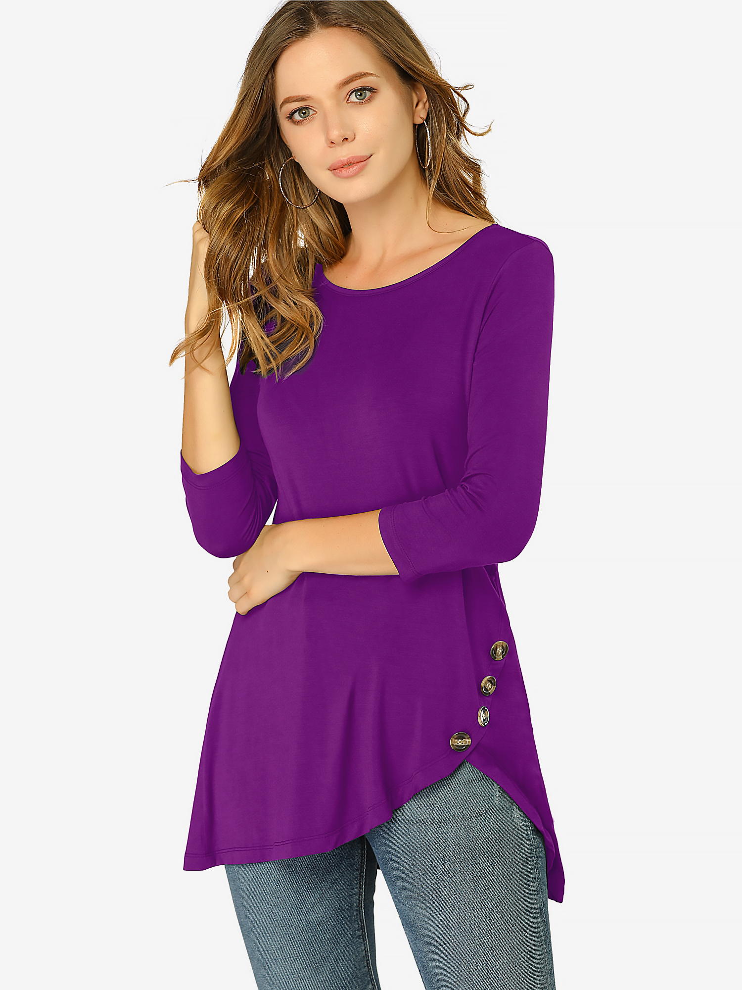 3/4 Sleeve Round Neck Button Decor Casual Stretchy Tunic Tops Purple/3XL
