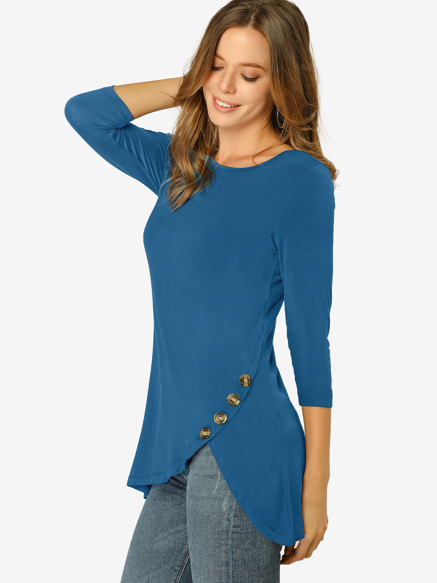 Round Neck 3/4 Sleeve Button Decor Stretchy Tunic Tops Royal Blue/L
