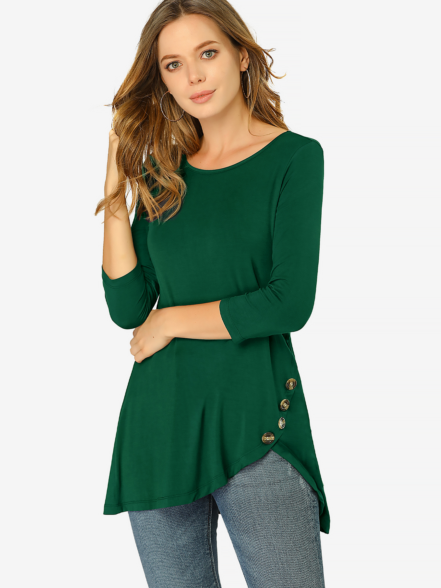 3/4 Sleeve Round Neck Button Decor Casual Stretchy Tunic Tops Dark Green/L
