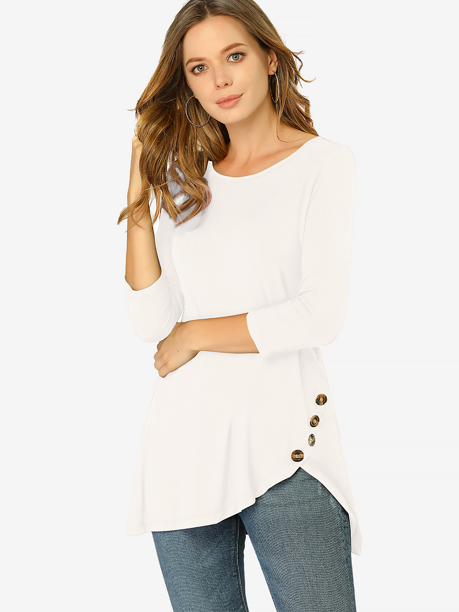 3/4 Sleeve Round Neck Button Decor Casual Stretchy Tunic Tops White/L