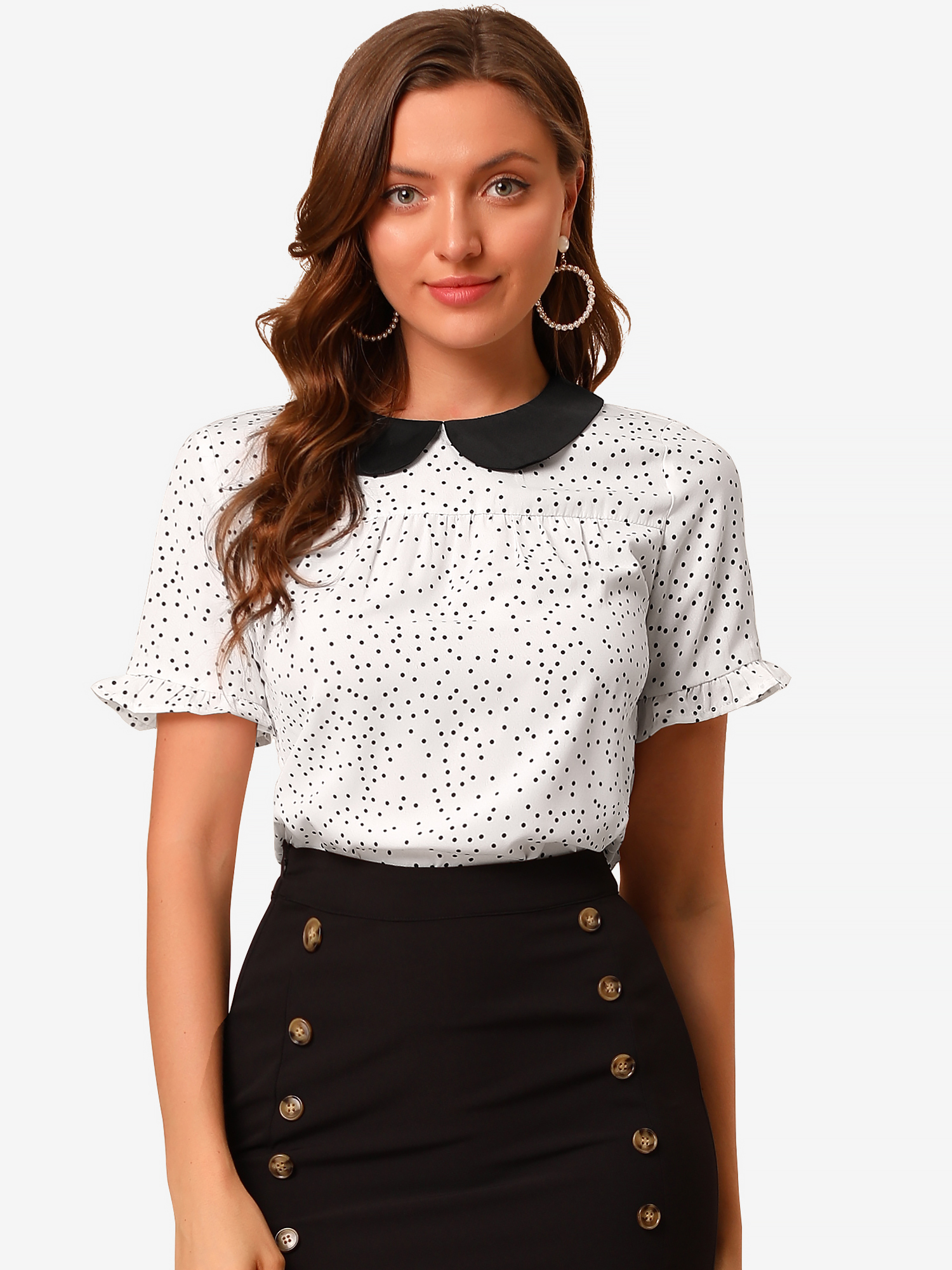 Casual Doll Collar Contrast Ruffled Short Sleeve Polka Dots Blouse White/M