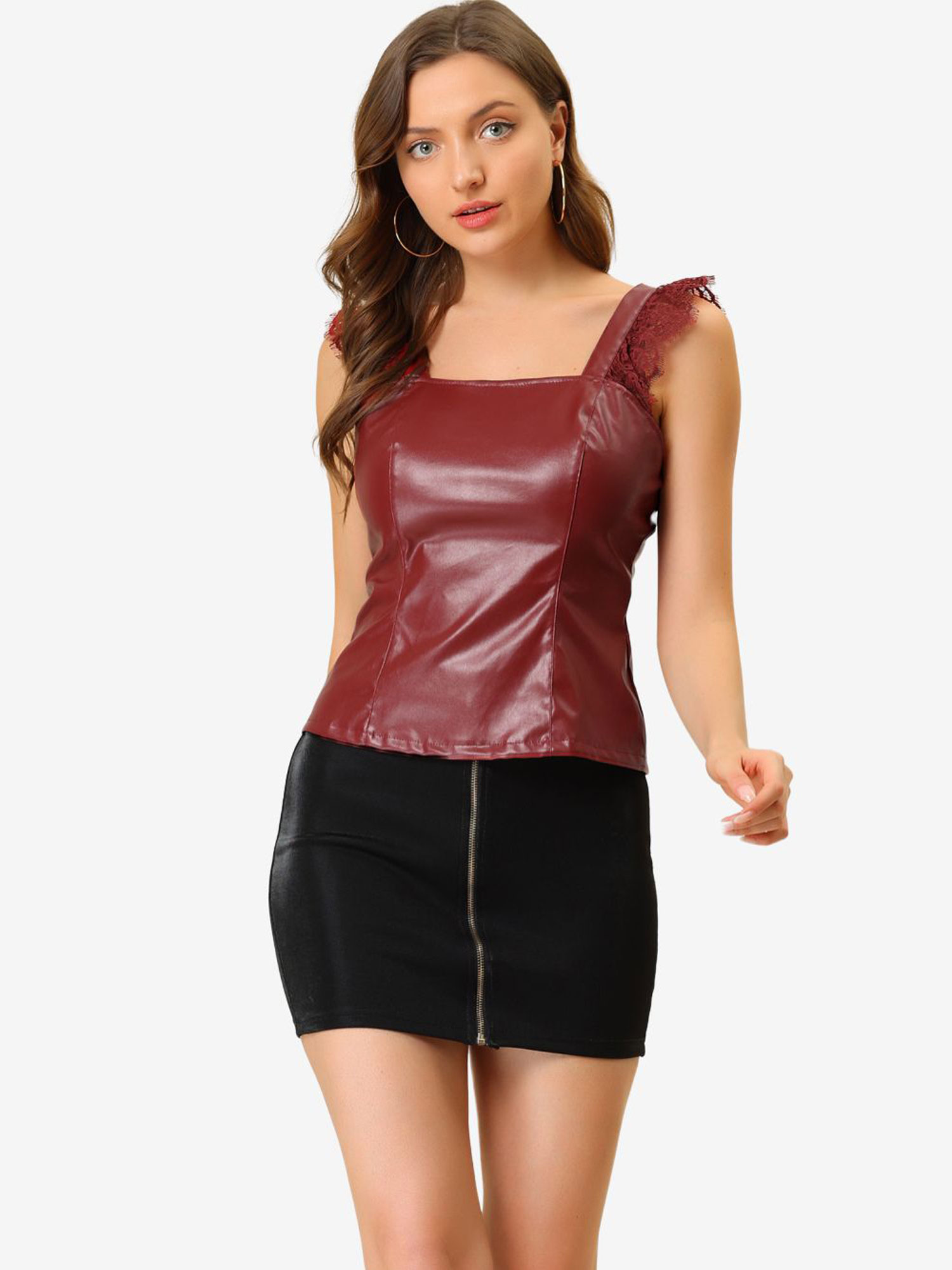 Lace Trim Party Faux Leather PU Tank Top Wine Red/XL