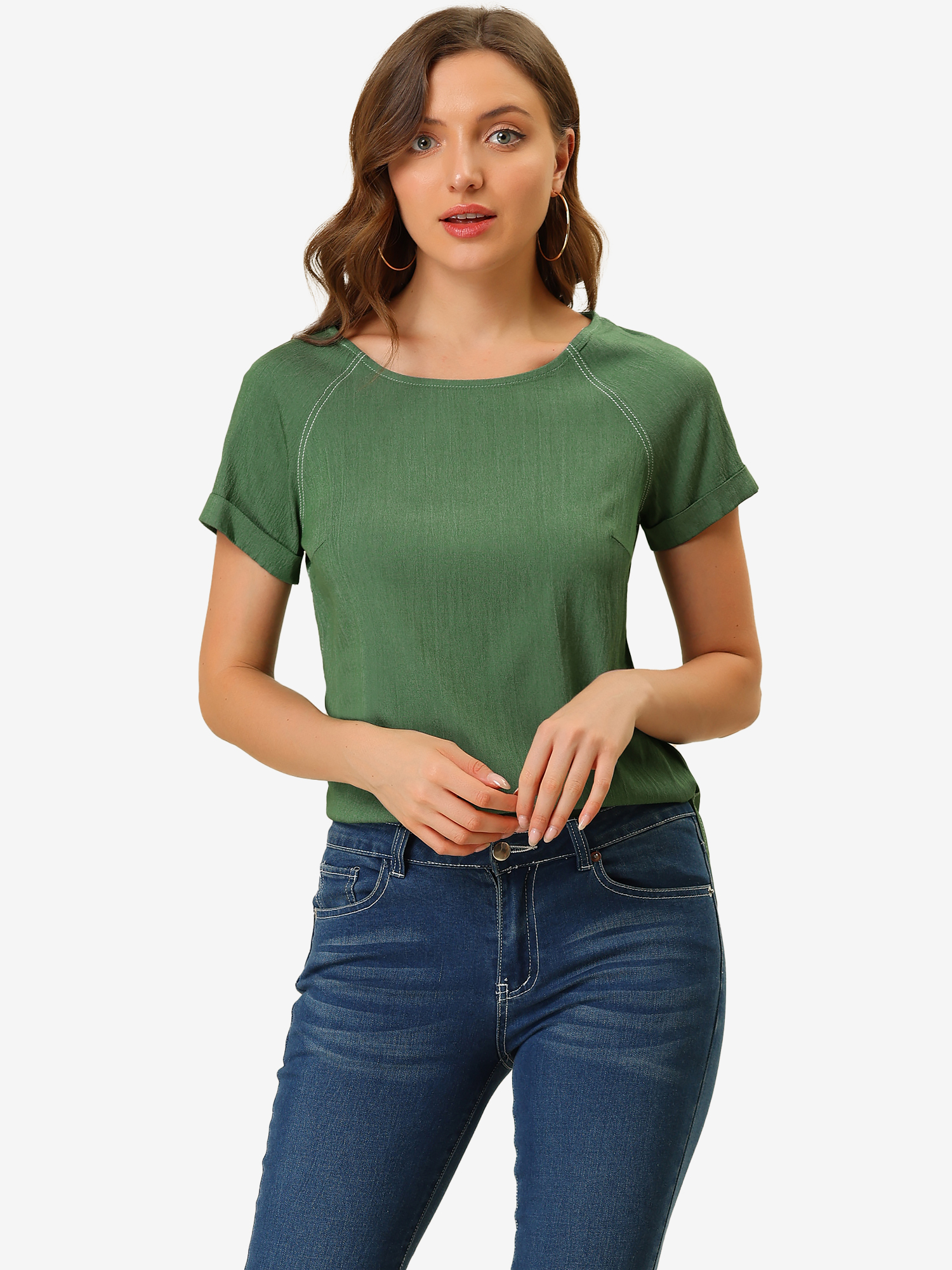 Chambray Side Slit Raglan Short Sleeve Top Green/M