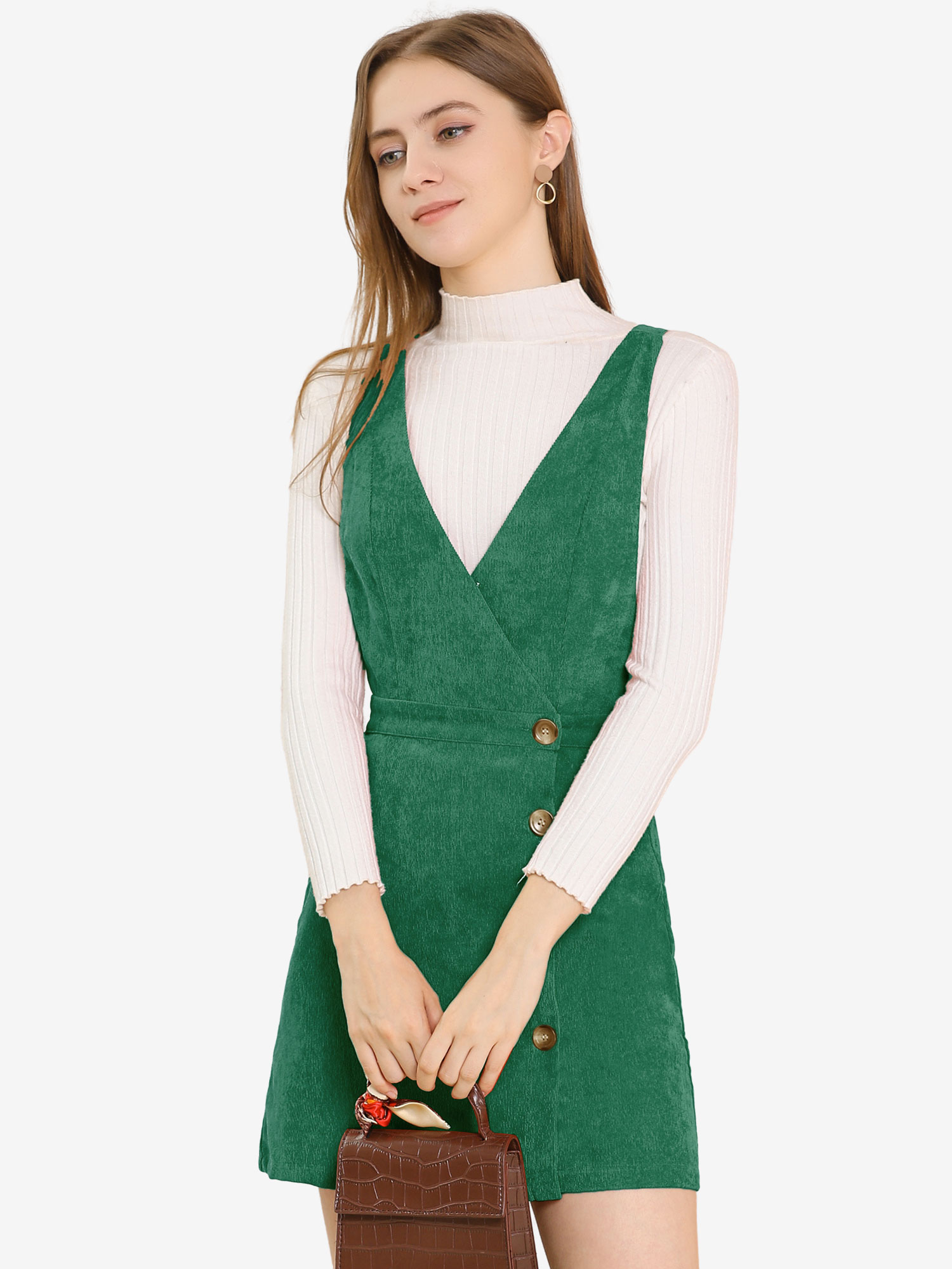 Corduroy Mini V Neck Vintage A-Line Bib Overall Pinafore Dress Green/L