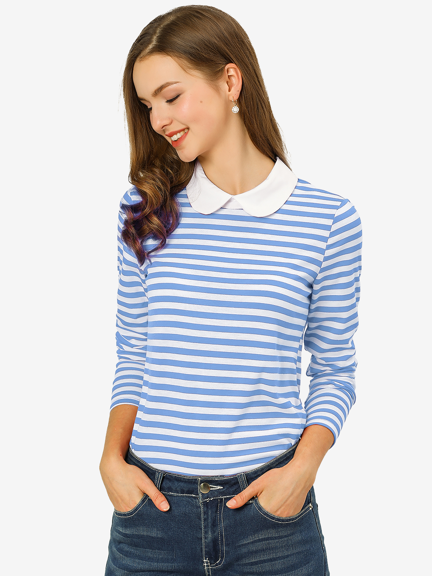 Contrast Collar Long Sleeve Peter Pan Collar Striped Blouse Light Blue/L
