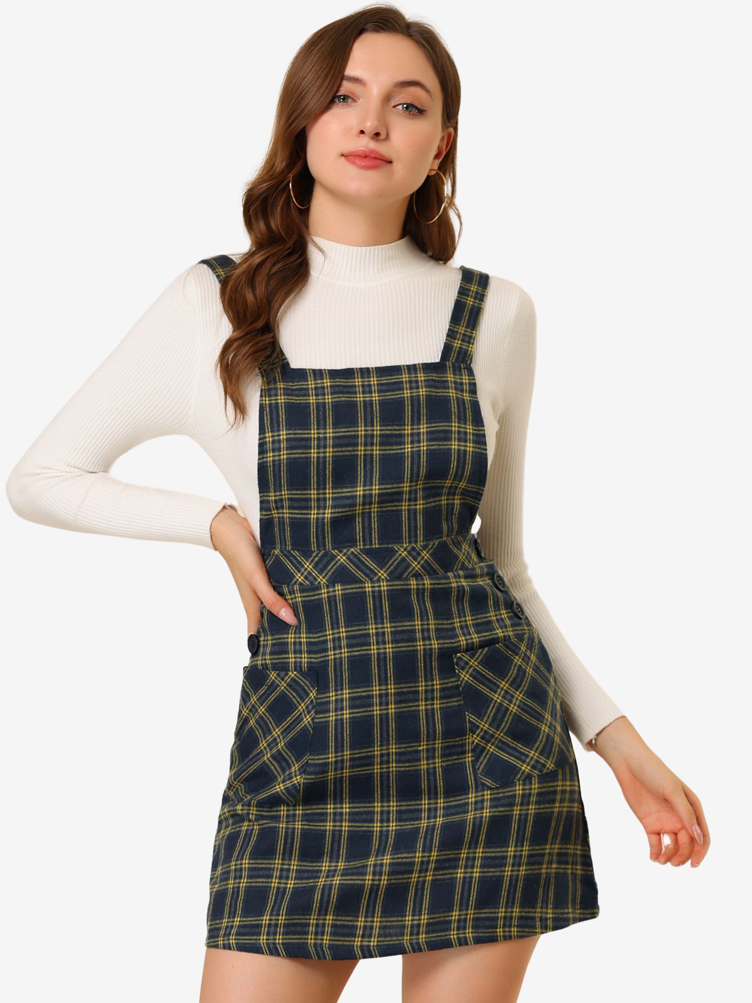 Plaid Tartan Button Decor A-Line Pinafore Overall Dress Navy Blue/L