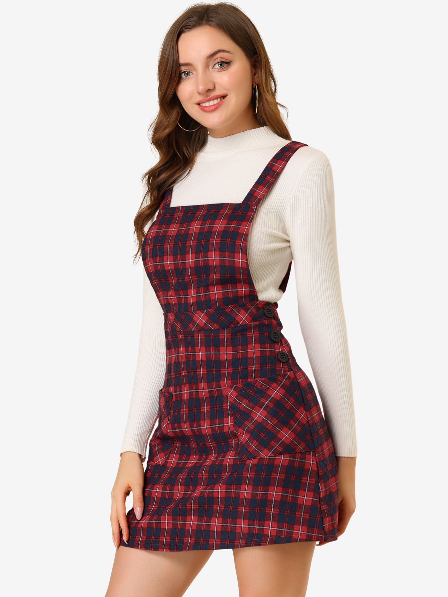 Plaid Tartan Button Decor A-Line Pinafore Overall Dress Red/XL