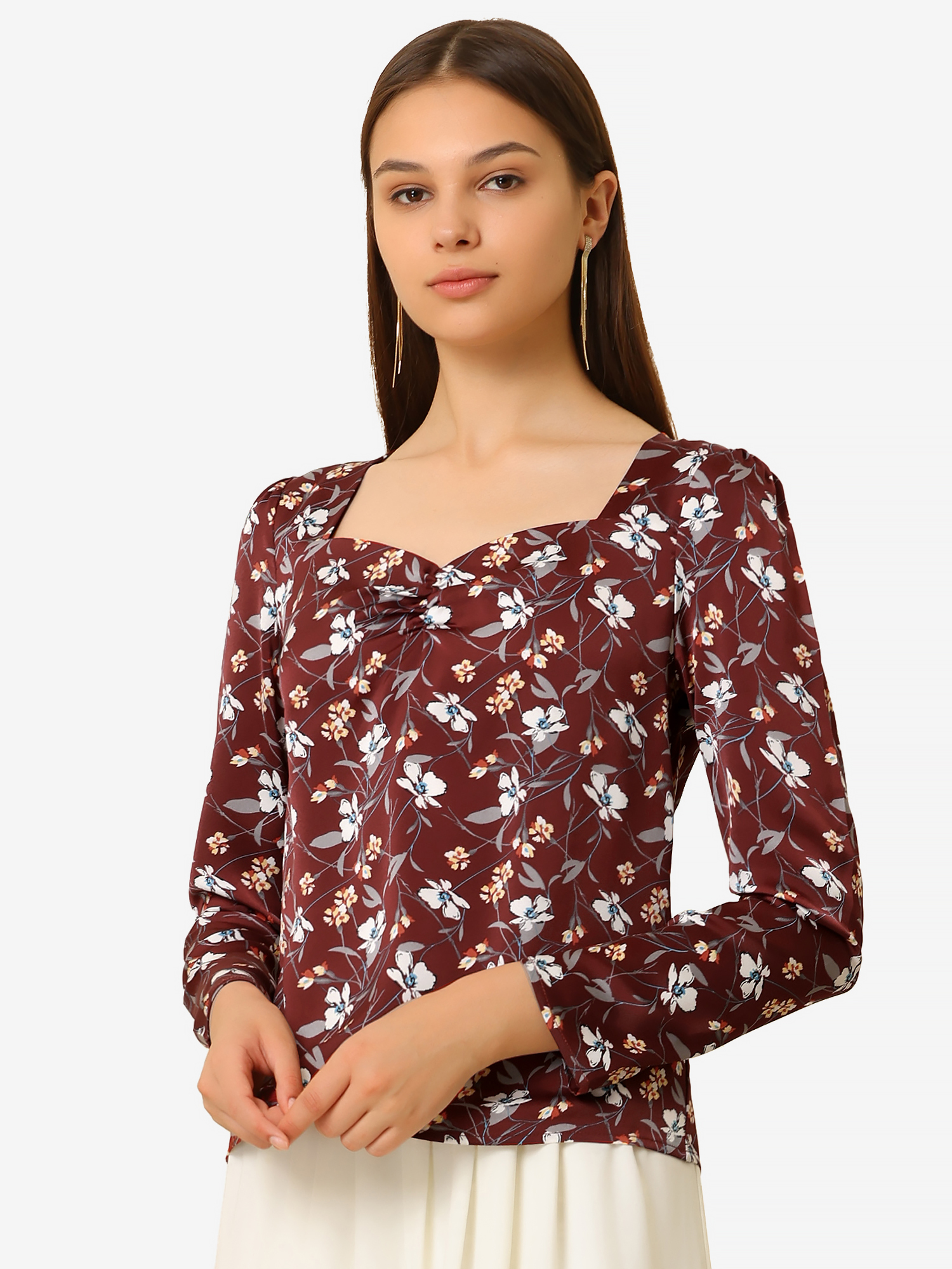 Casual Heart Neck Long Sleeve Floral Blouse Top Burgundy/S