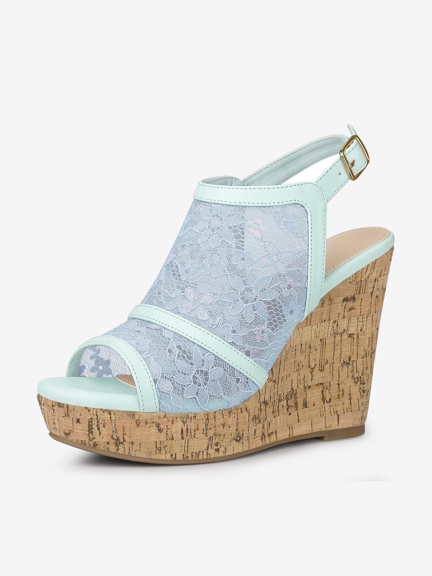 Open Toe Platform Heel Lace Wedge Slingback Sandals Blue Flower/10