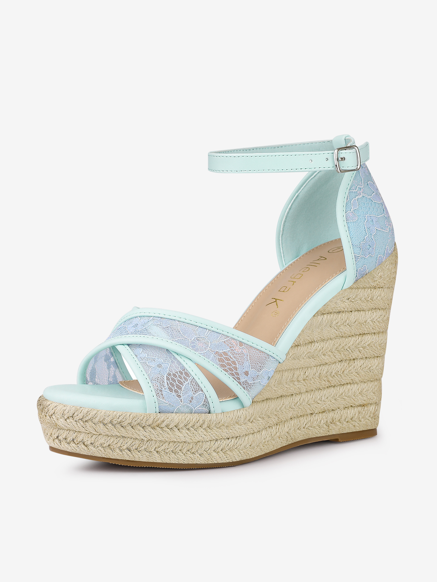 Lace Strapy Round Toe Espadrilles Wedges Sandals Blue Flower/8