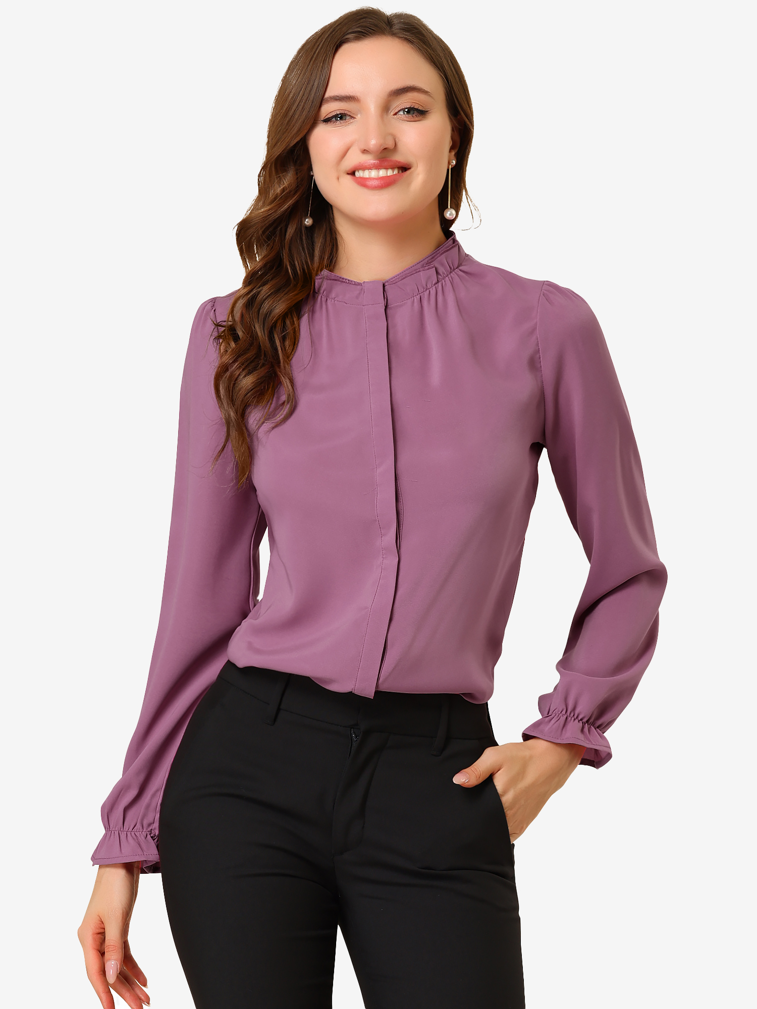 Work Office Blouse Button Up Ruffle Collar Long Sleeve Chiffon Shirt Fuchsia/XL